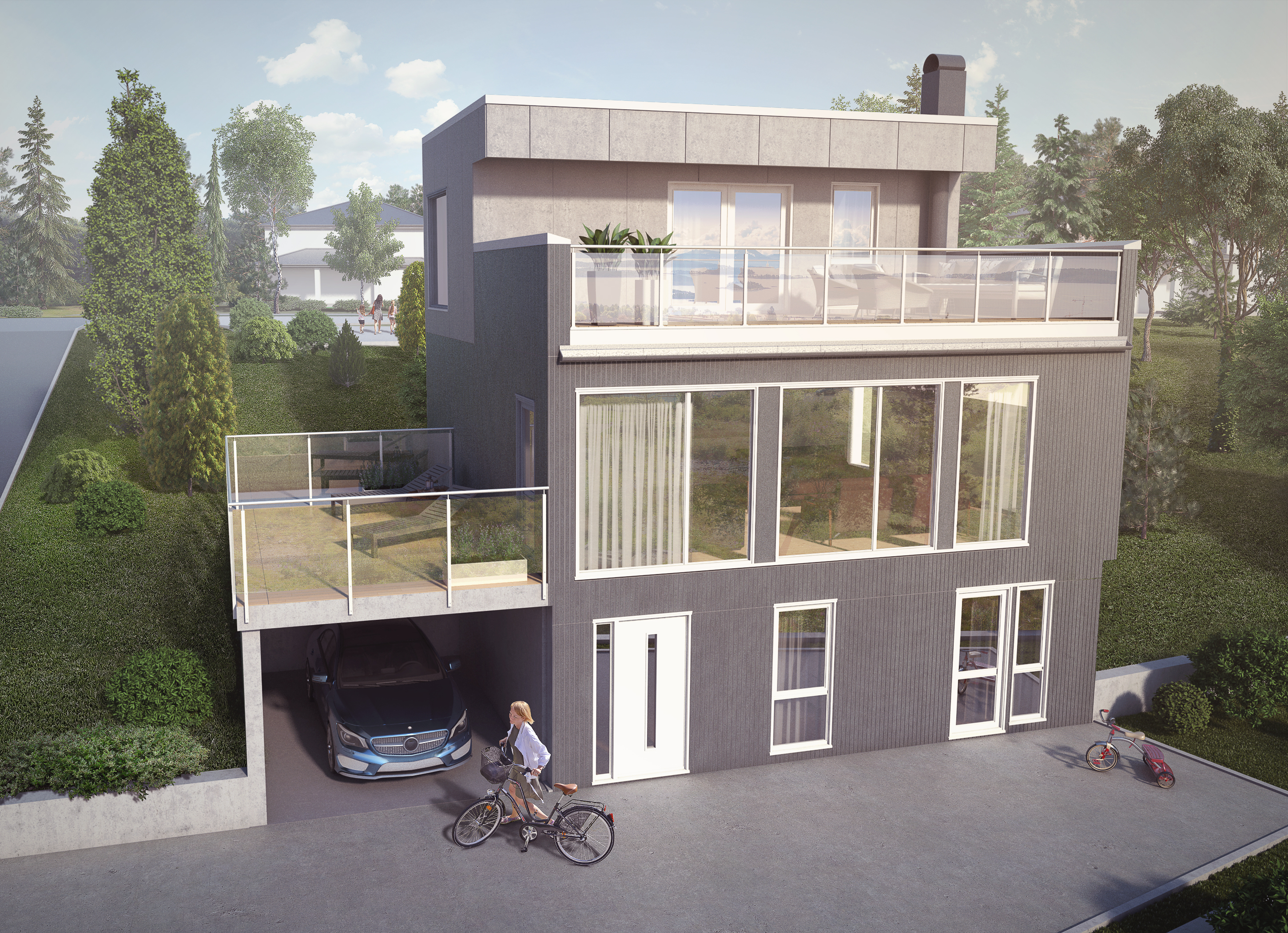 En visuell gjengivelse av et moderne hus med en person på en sykkel for salg i 2017.