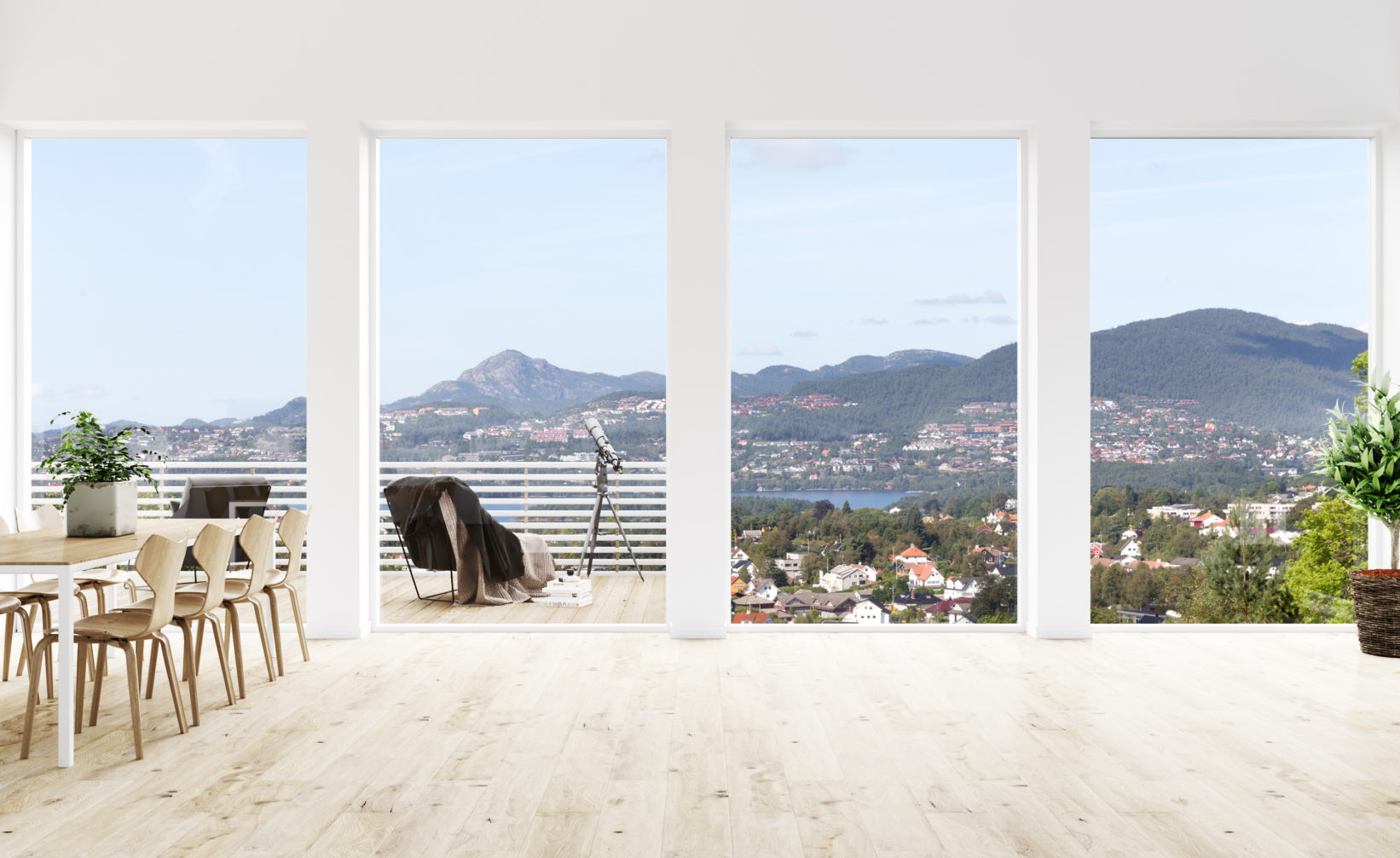 En stue med store vinduer og utsikt mot fjellet, visualisert for salg av Bruaas & Kalve i 2017 for oppdragsgiver Teslo.