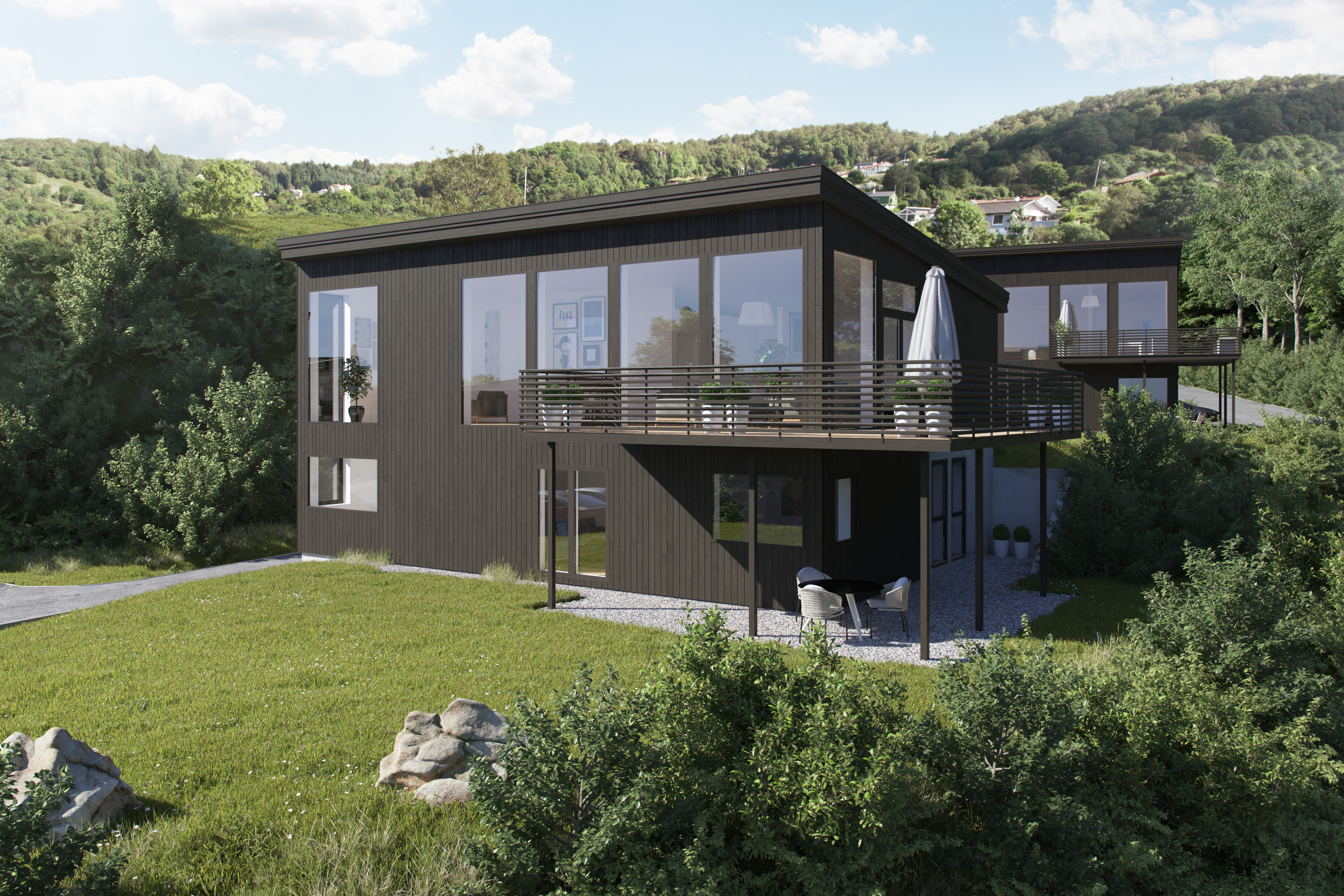 Et moderne hus i en åsside lagt ut for salg i 2017.