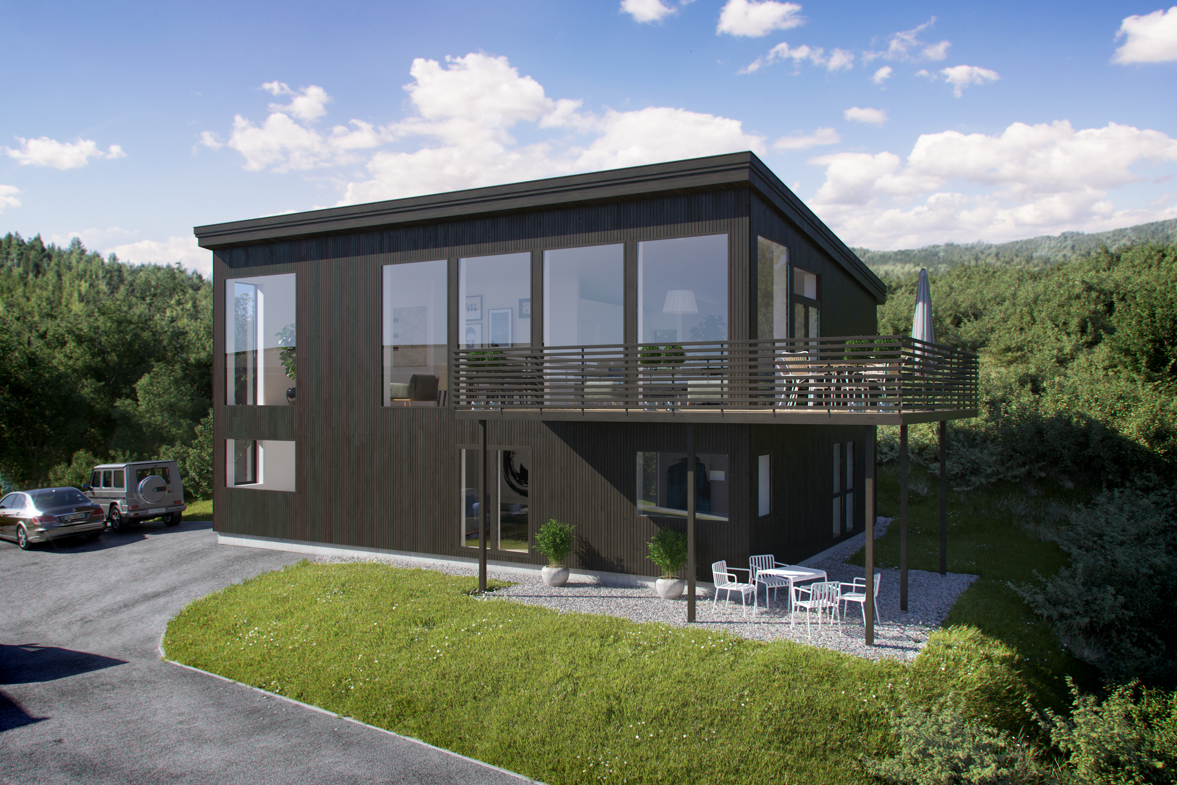 Visualisering for salg av moderne hus på fjellet.