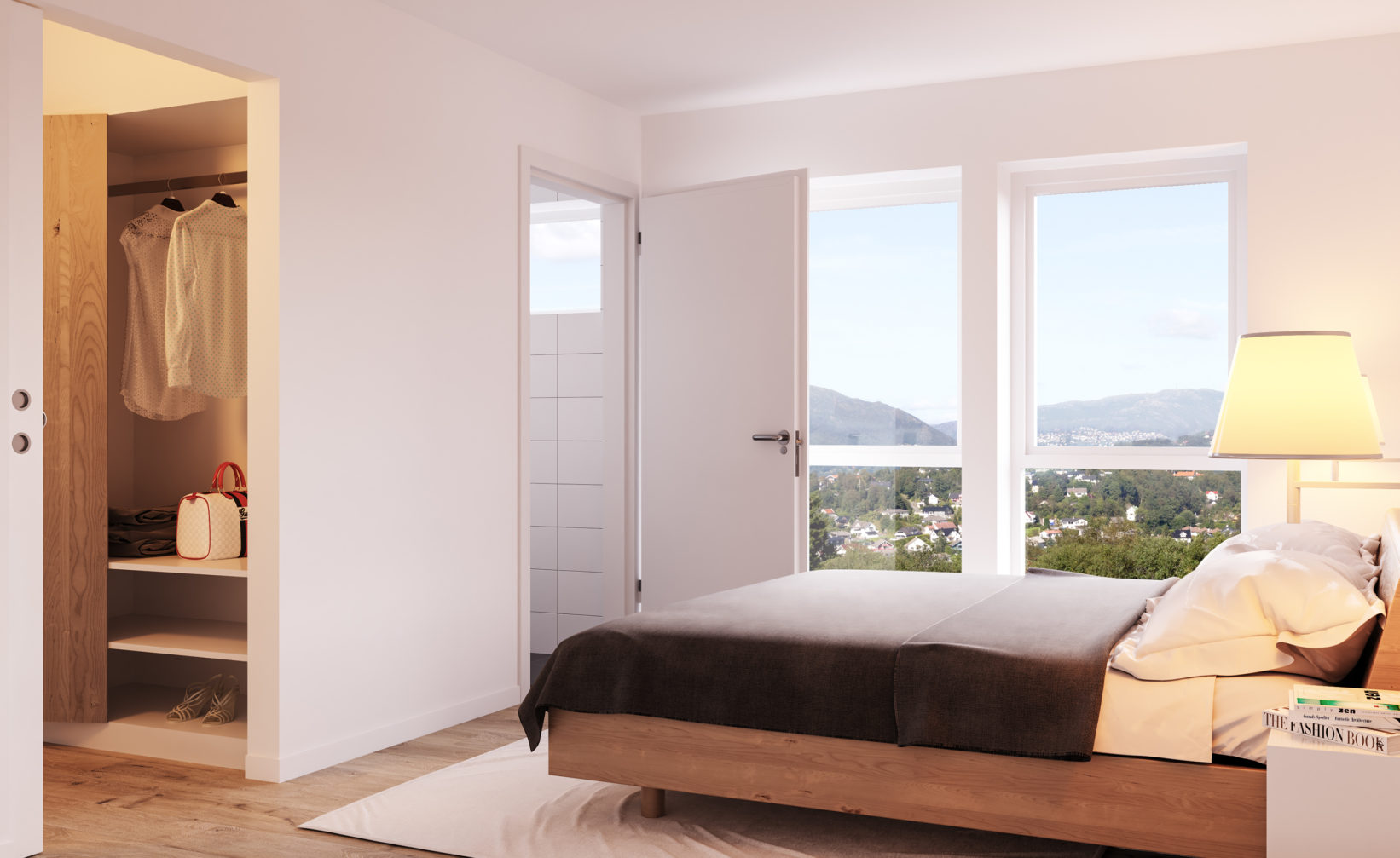 En seng på et soverom visualisert for salg, laget av Bruaas & Kalve i 2017, for deres klient Teslo.