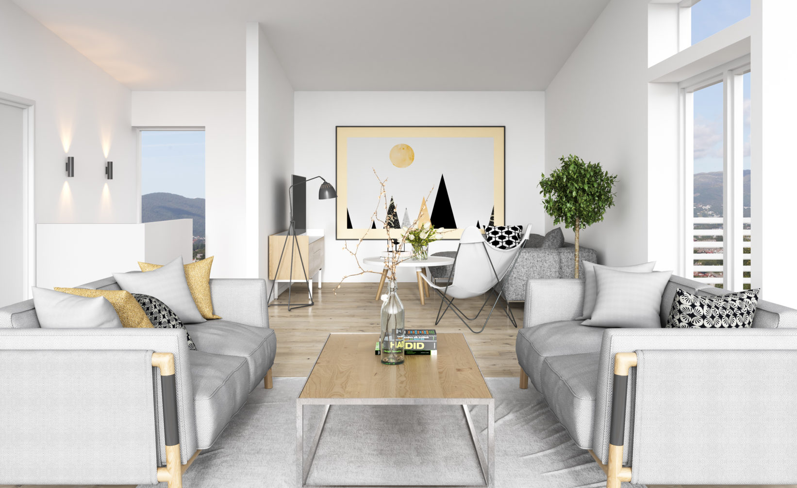En 3d-gjengivelse av en moderne stue laget for visualiseringsformål av Teslo, Bruaas & Kalves salg i 2017.