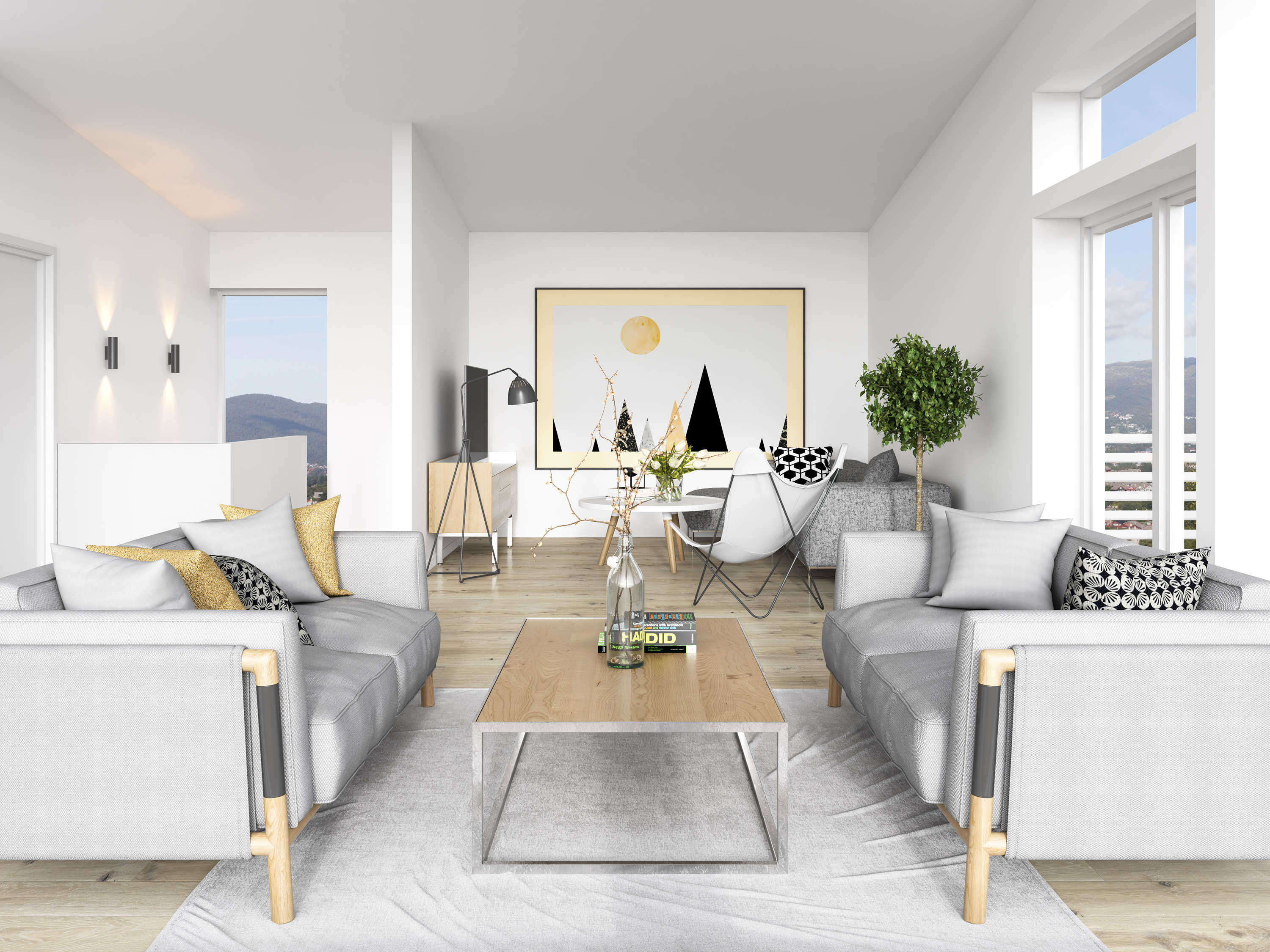 En 3d-gjengivelse av en moderne stue laget for visualiseringsformål av Teslo, Bruaas & Kalves salg i 2017.