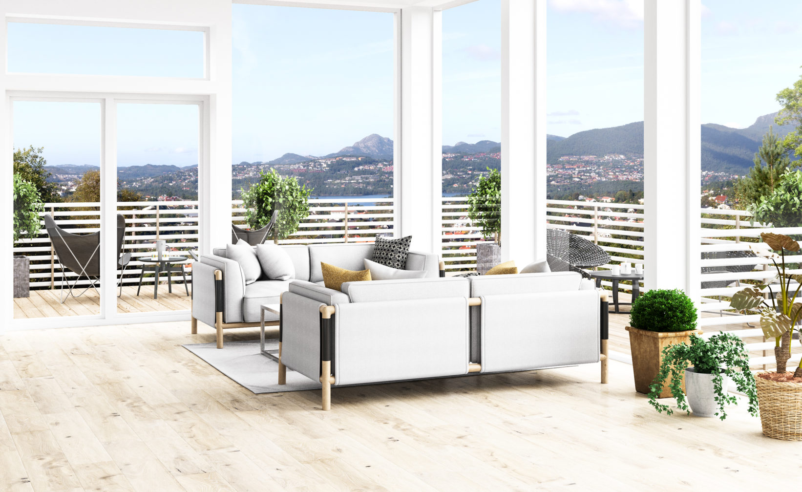 En stue med hvite møbler og utsikt mot fjellet, visualisert for salgsformål i 2017 for Klient: Teslo, Bruaas & Kalve.