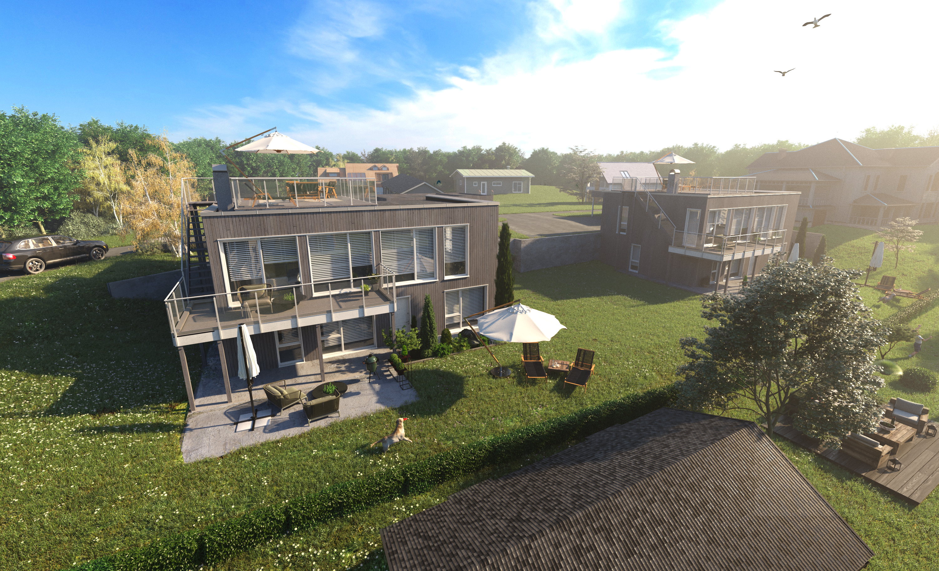 En 3D-gjengivelse av et hus for visualisering av salg, år 2017.