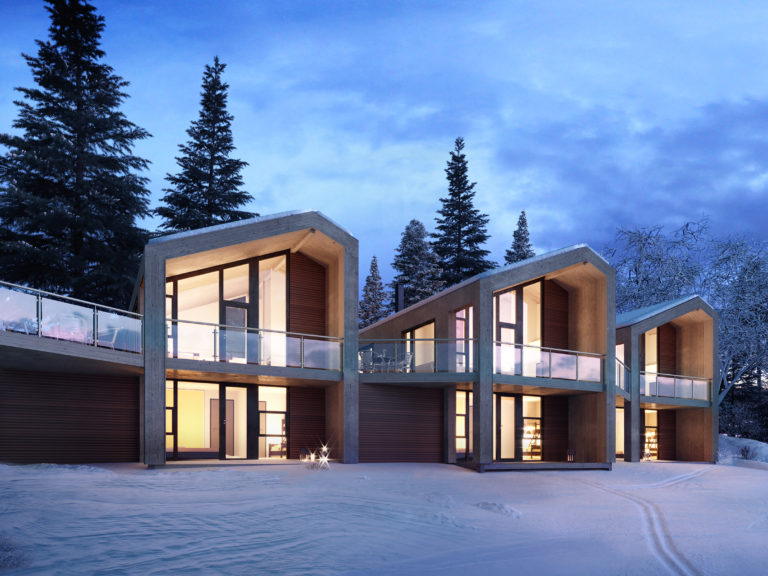 Visualisering av et snødekt hus til salgs i 2017.