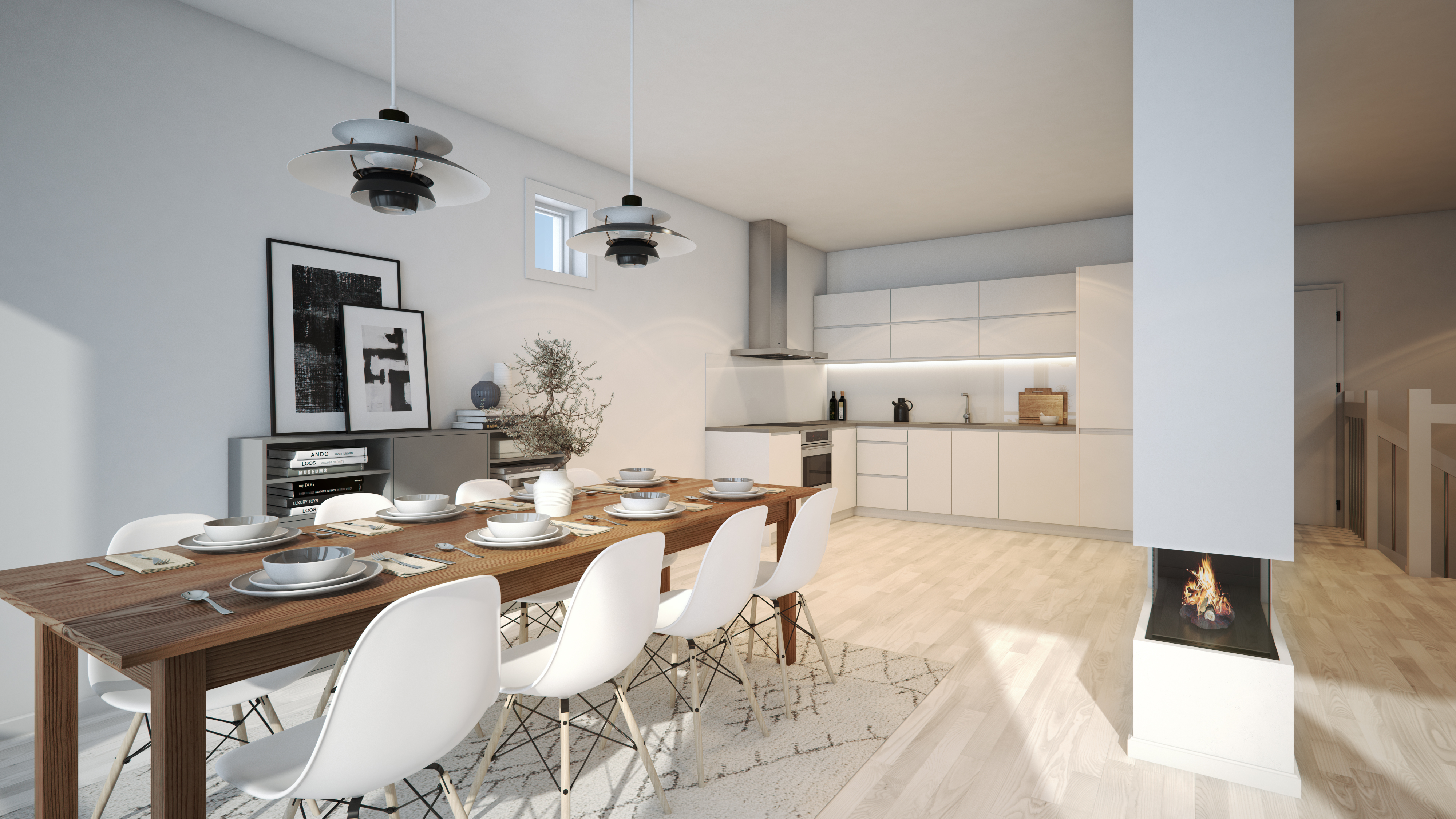en 3d-rendering av kjøkken og spisestue for BoligPartner i 2017 for salgsformål.
