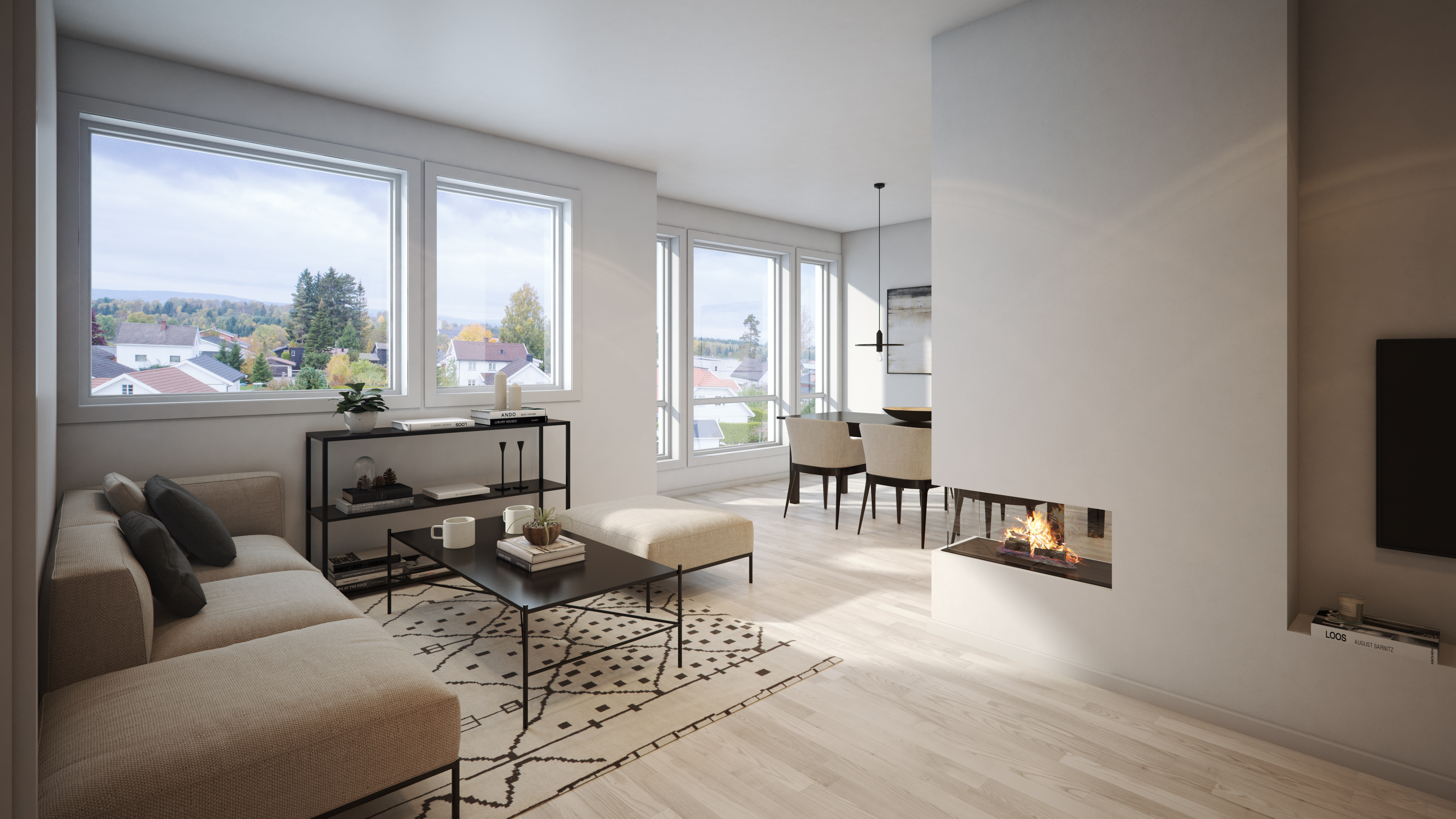 3D-gjengivelse av stue med peis for visualisering av BoligPartner-salget i 2017.