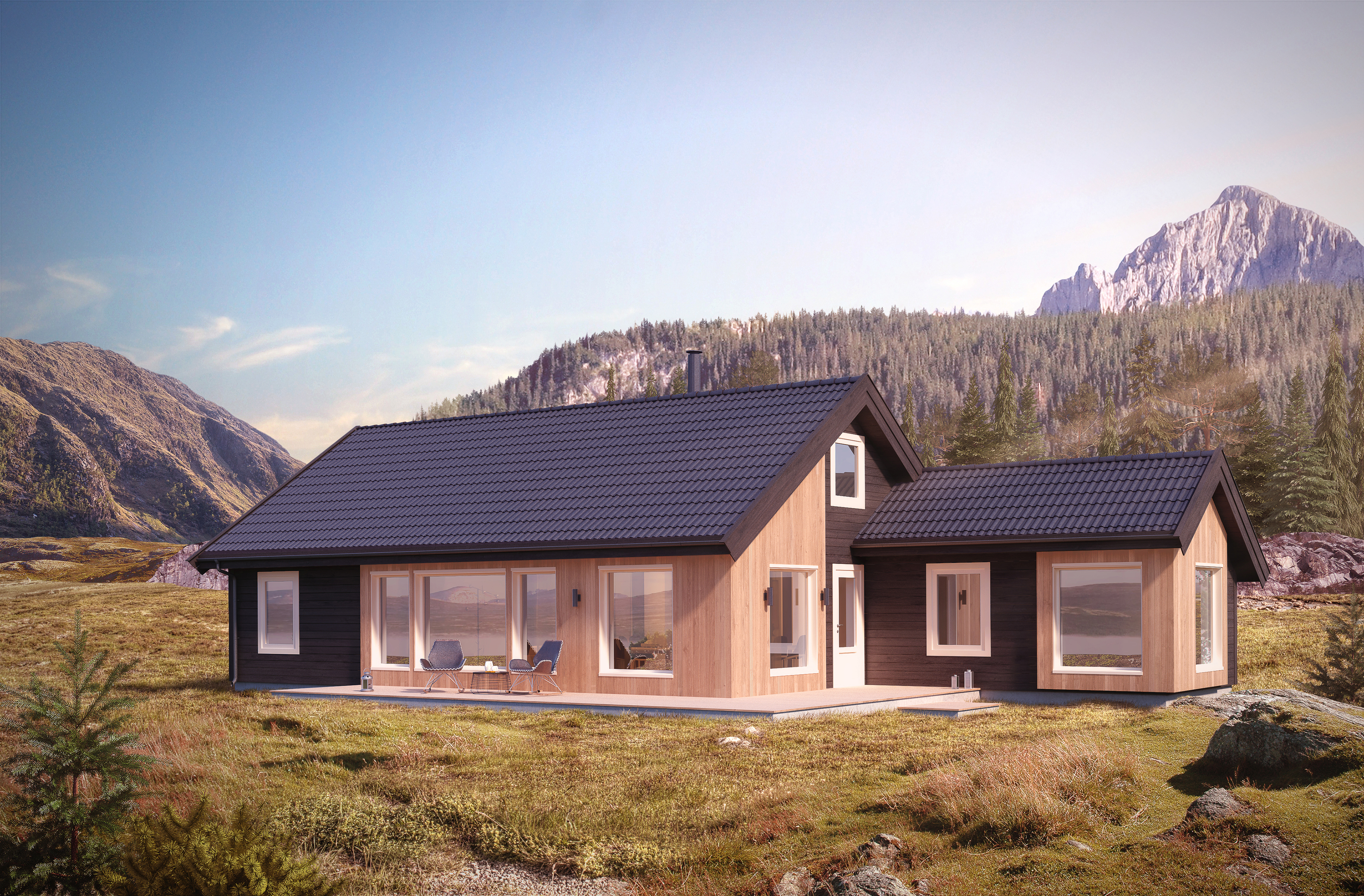 En visuell gjengivelse av en liten hytte i fjellet laget for BoligPartner for å hjelpe til med salg, ferdigstilt i 2017.