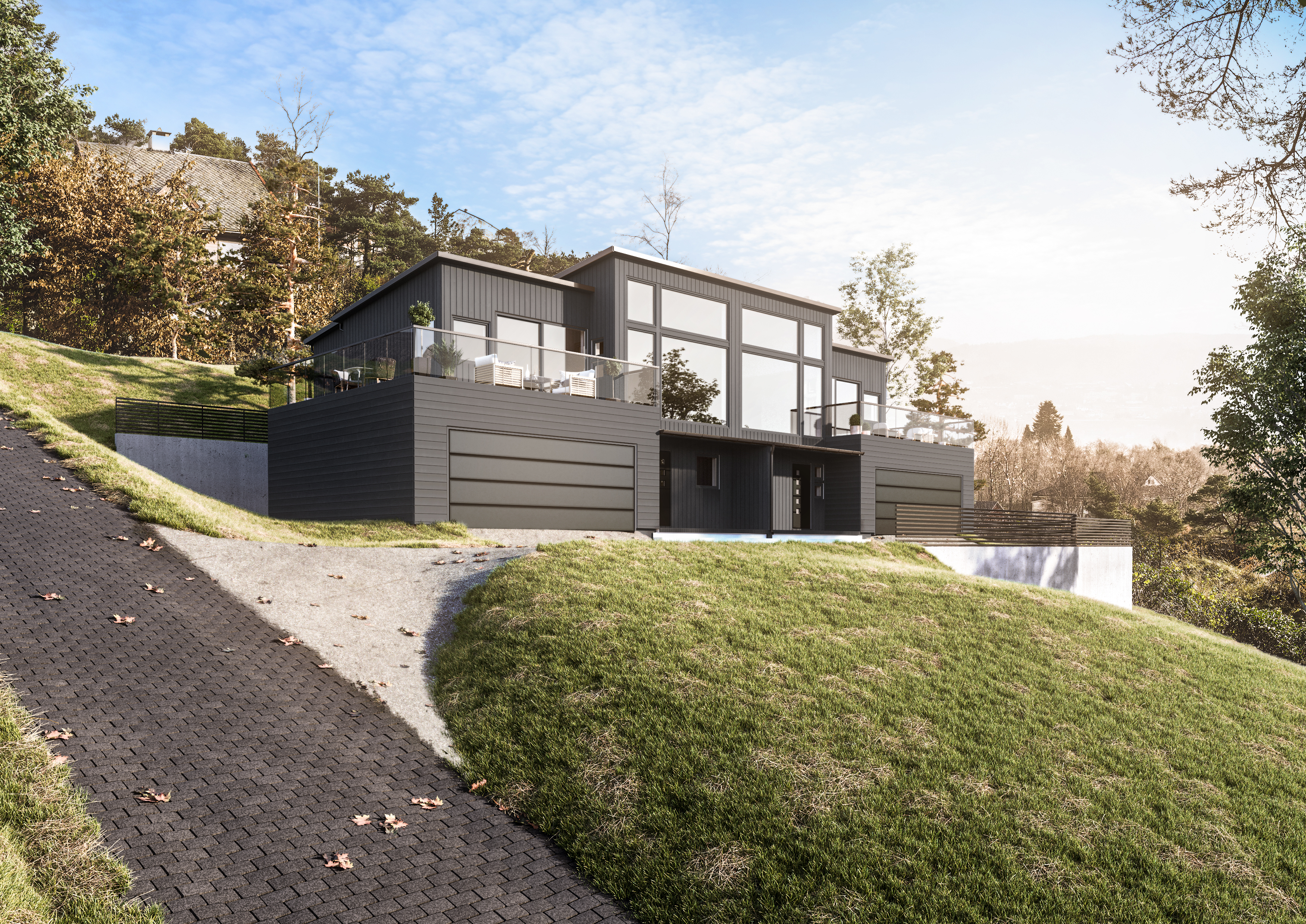 et moderne hus på siden av en ås, til salgs i 2017, visualisert for oppdragsgivere Eie Eiendomsmegling Bergen & Florvaag Hus.