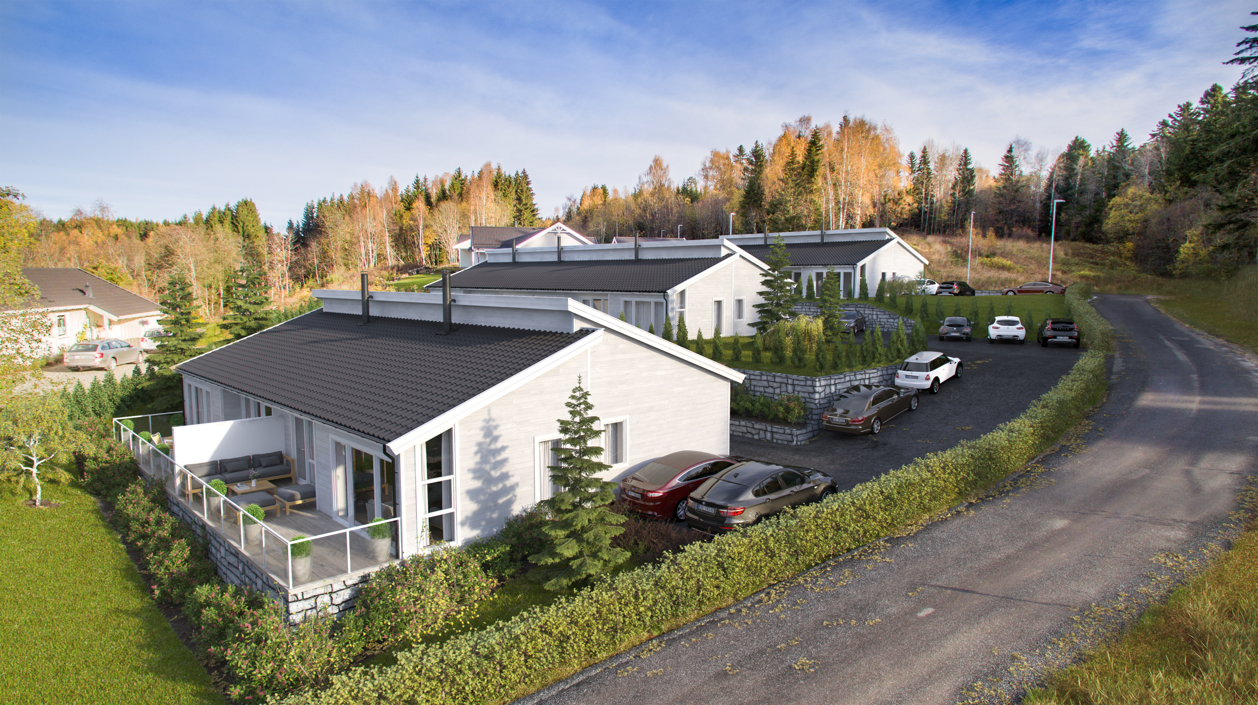 En luftvisualisering av hus og bil til salgs i 2017 for EnterGruppen.