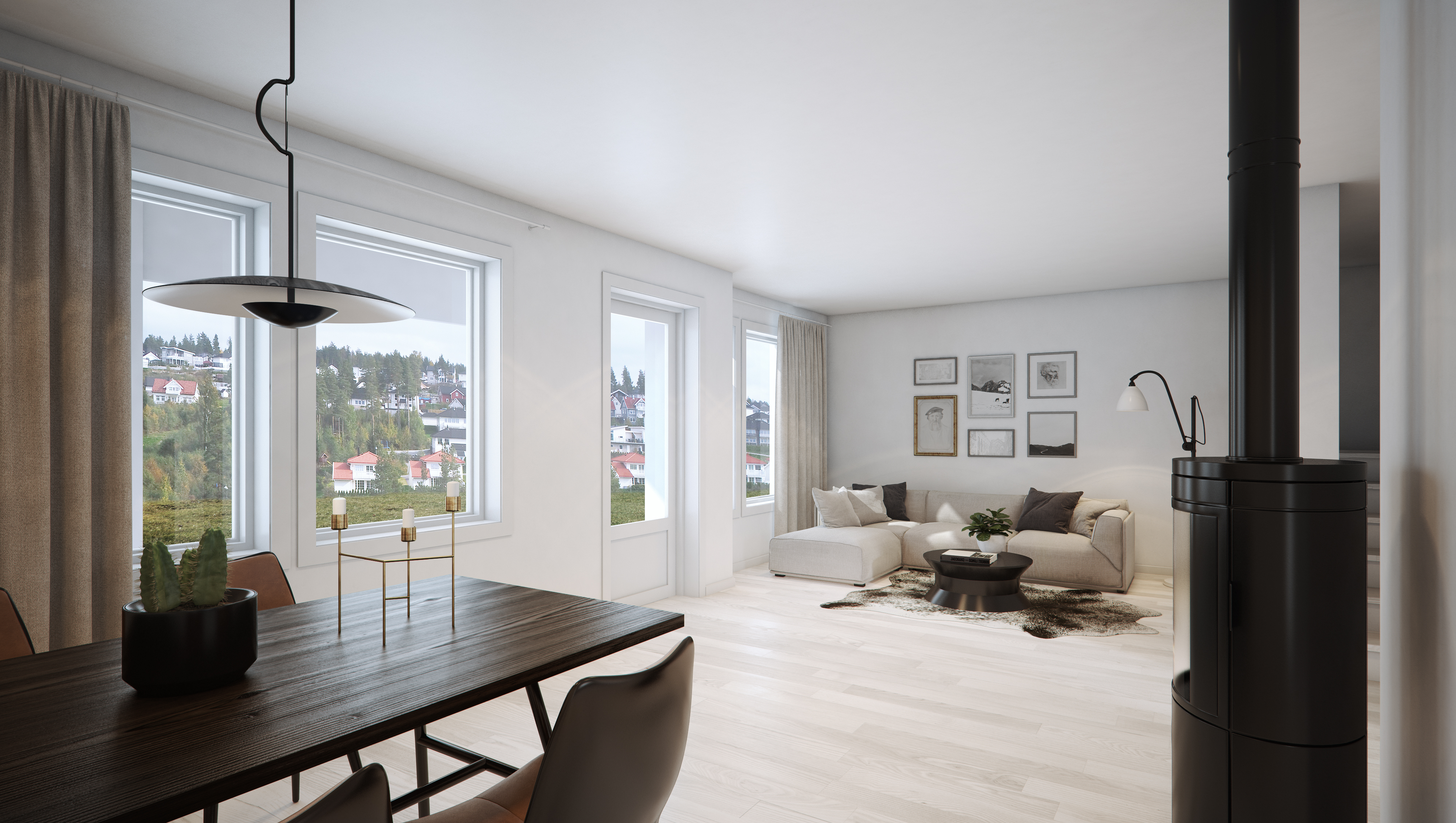 en 3d-gjengivelse av en stue og spisestue for å visualisere salgsformål, ferdigstilt i 2017.