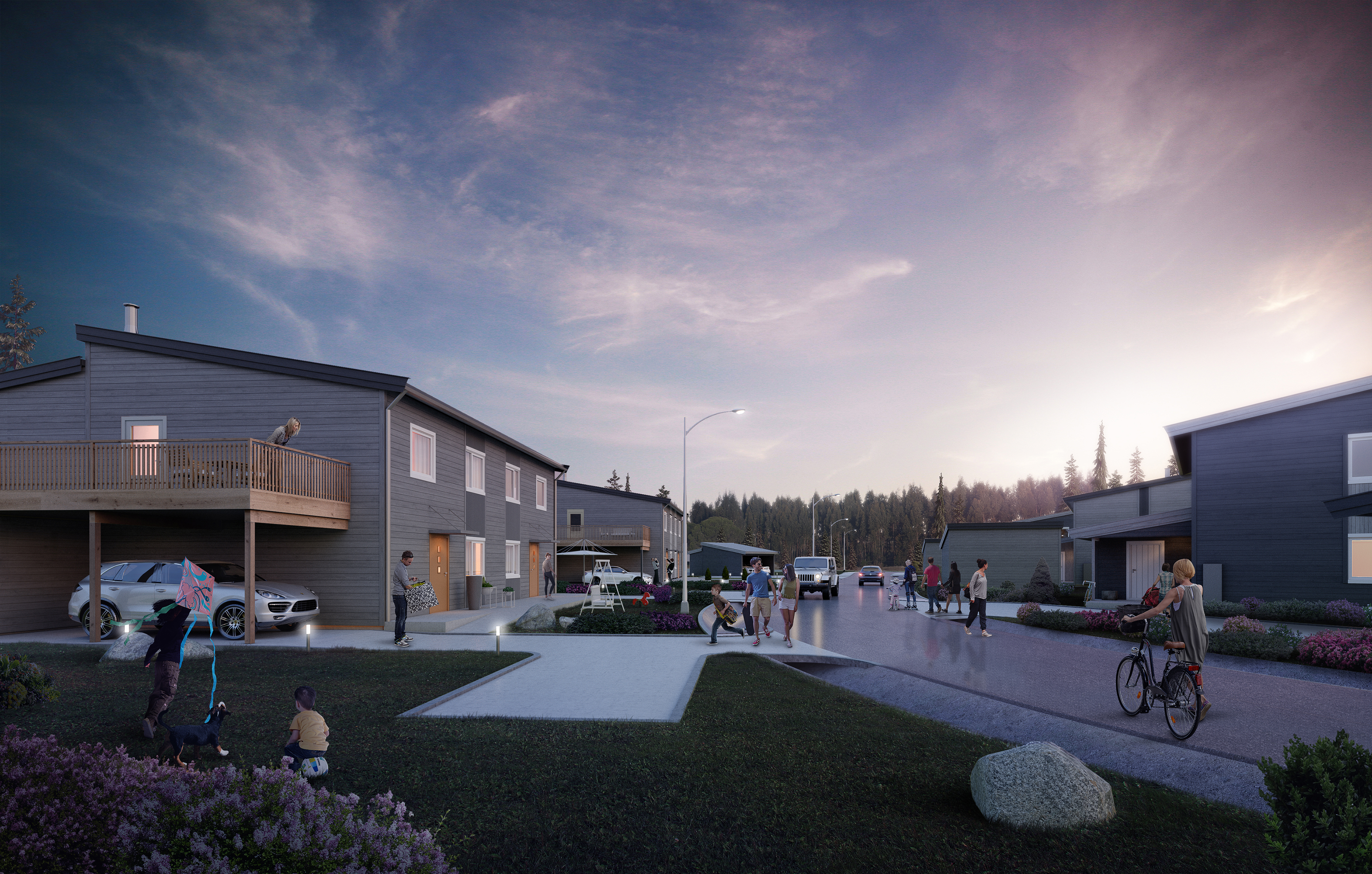 En kunstners gjengivelse av et boligområde for salgsvisualisering.