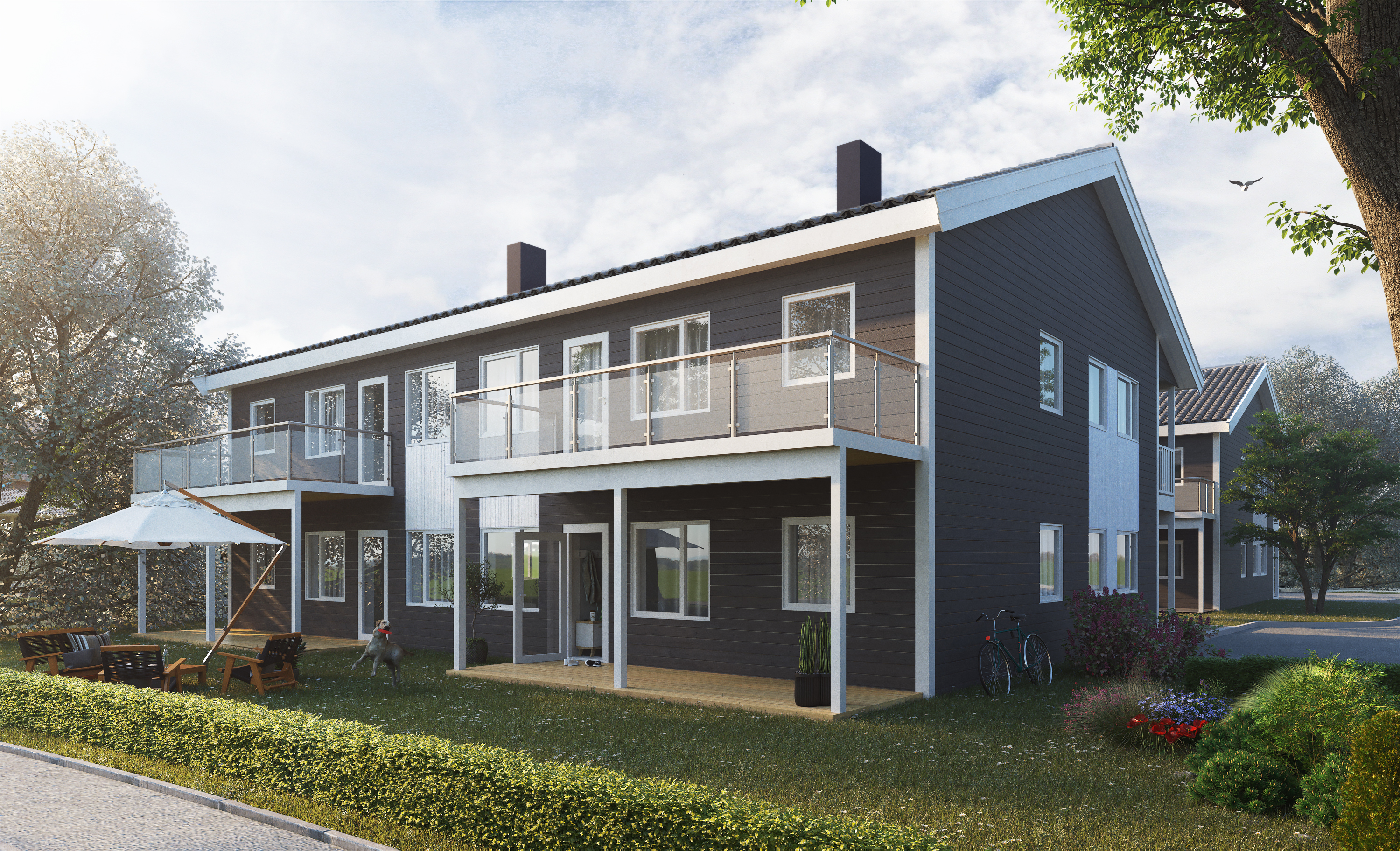 Et visualisert hus til salgs med balkong.