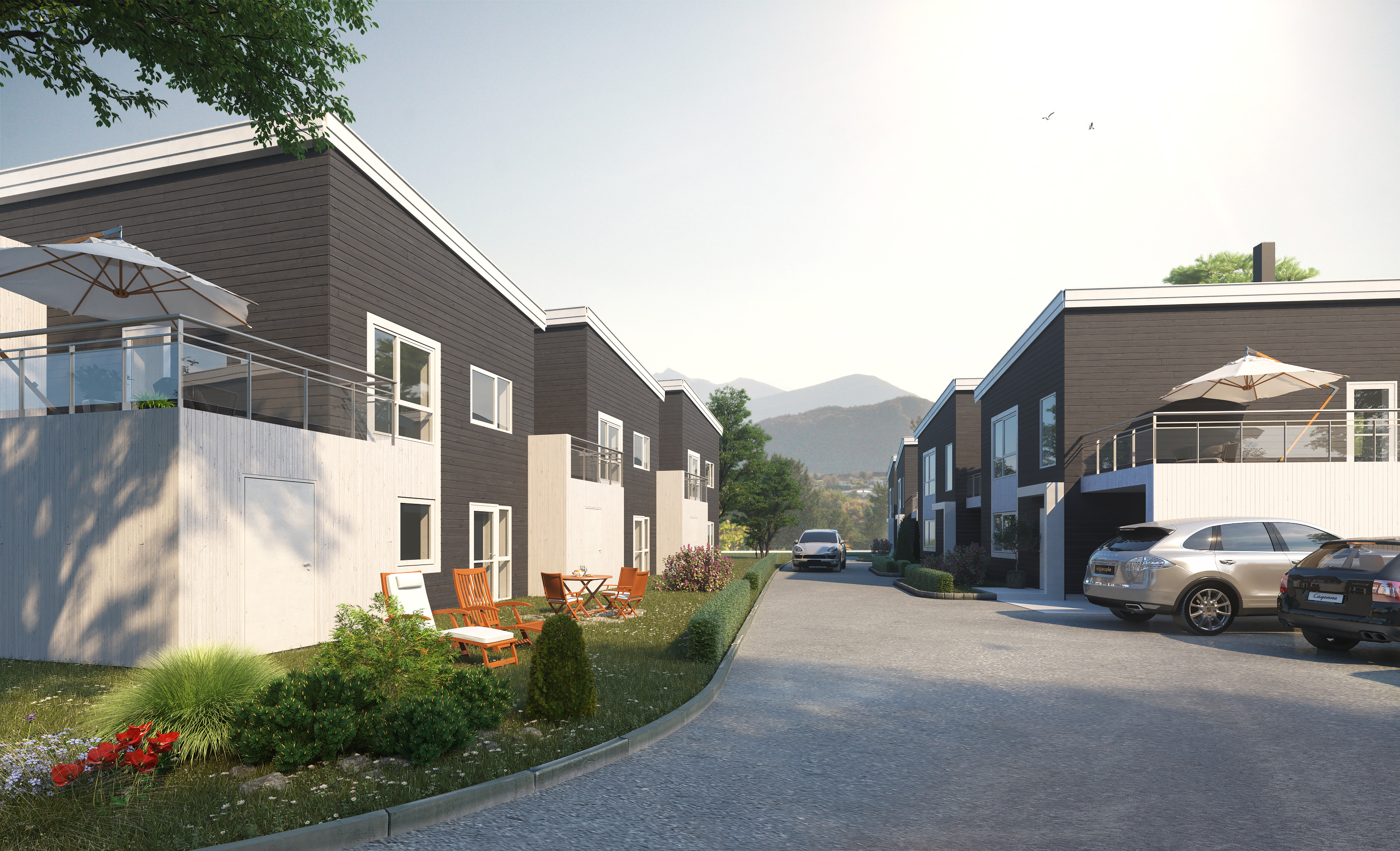 En 3D-gjengivelse av en moderne bygård for å visualisere salgsformål i 2017.