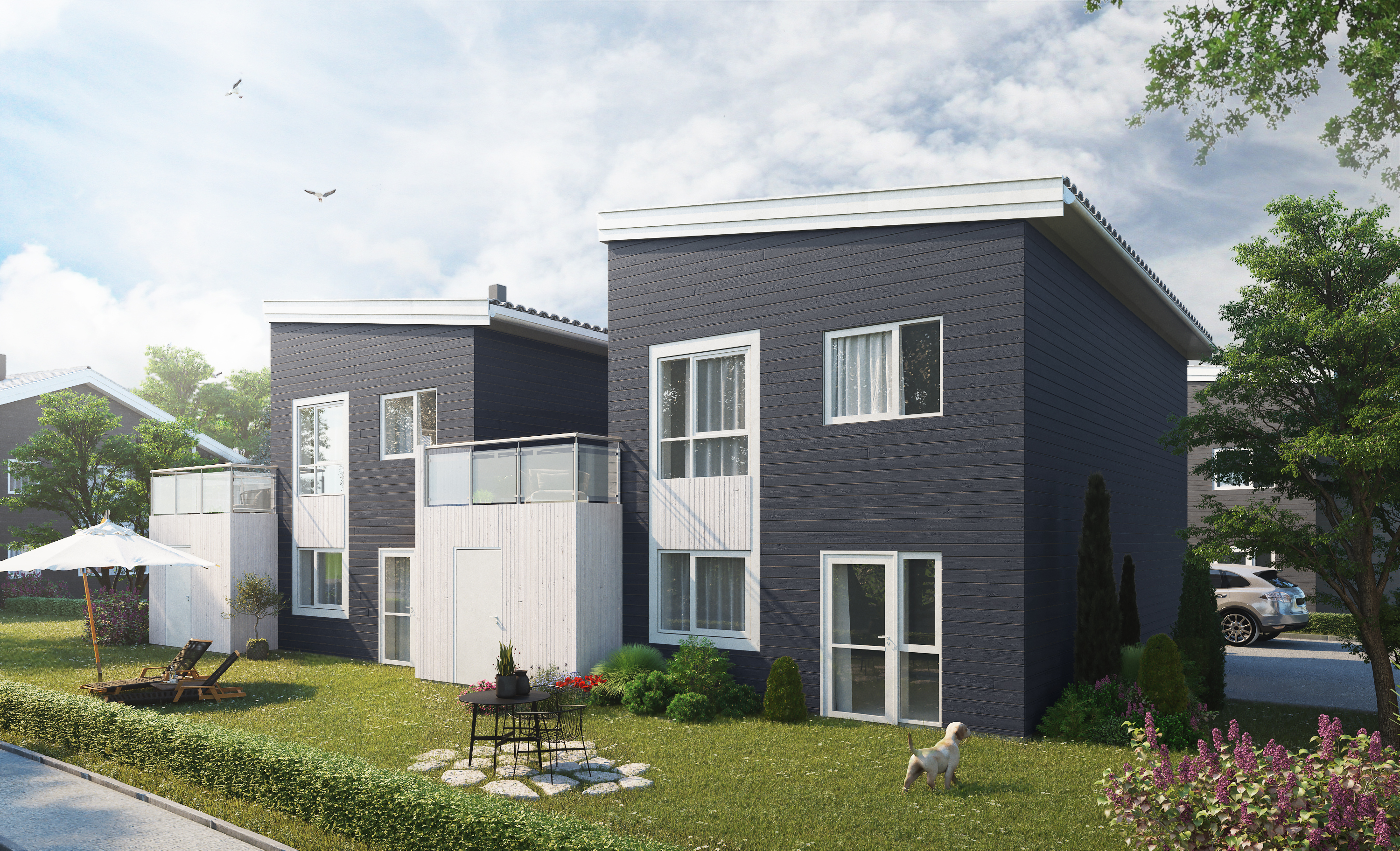 En 3D-gjengivelse av et moderne hus opprettet i 2017 med det formål å selge.