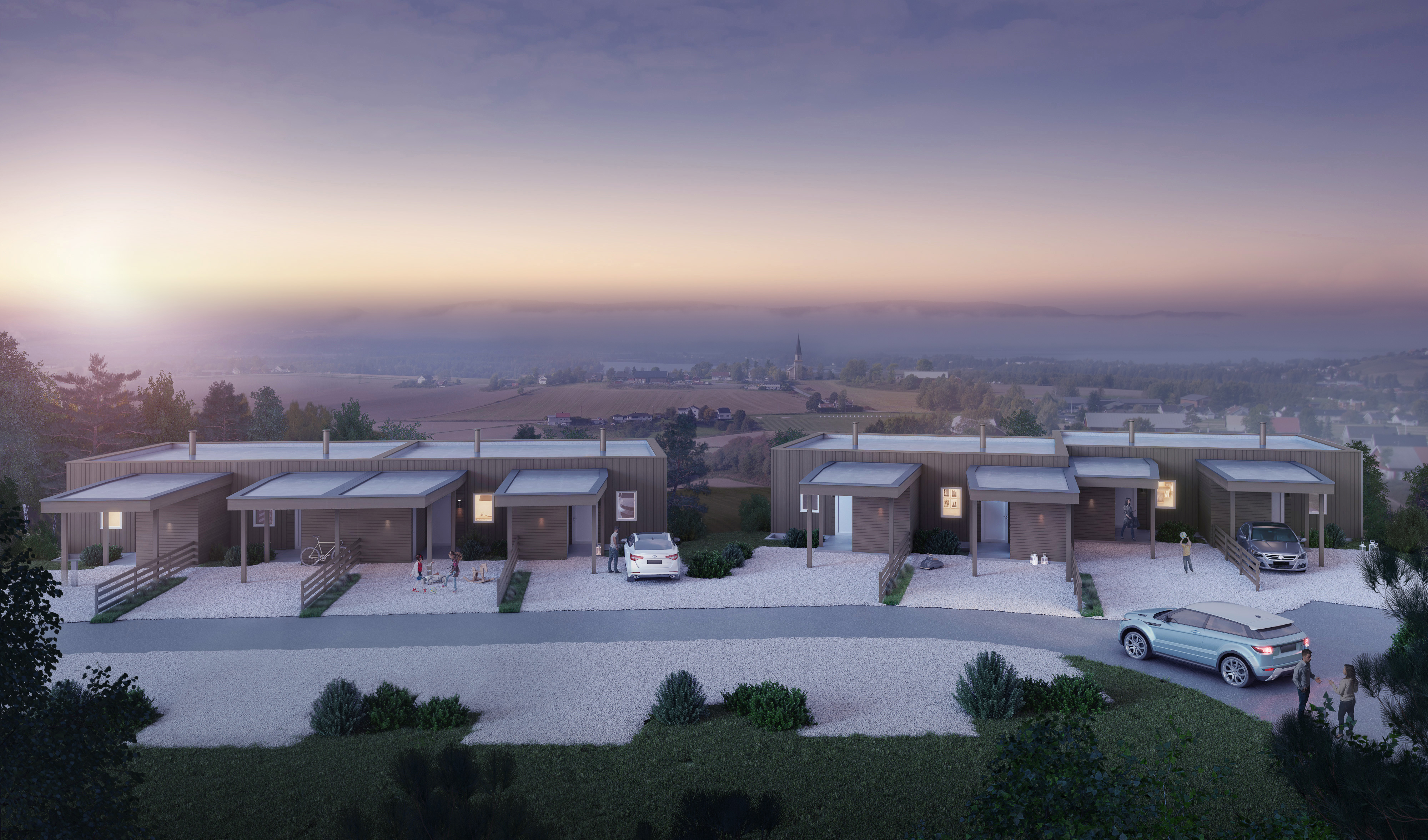 En 3D-gjengivelse av et hus med en bil parkert foran for å visualisere salgsformål.