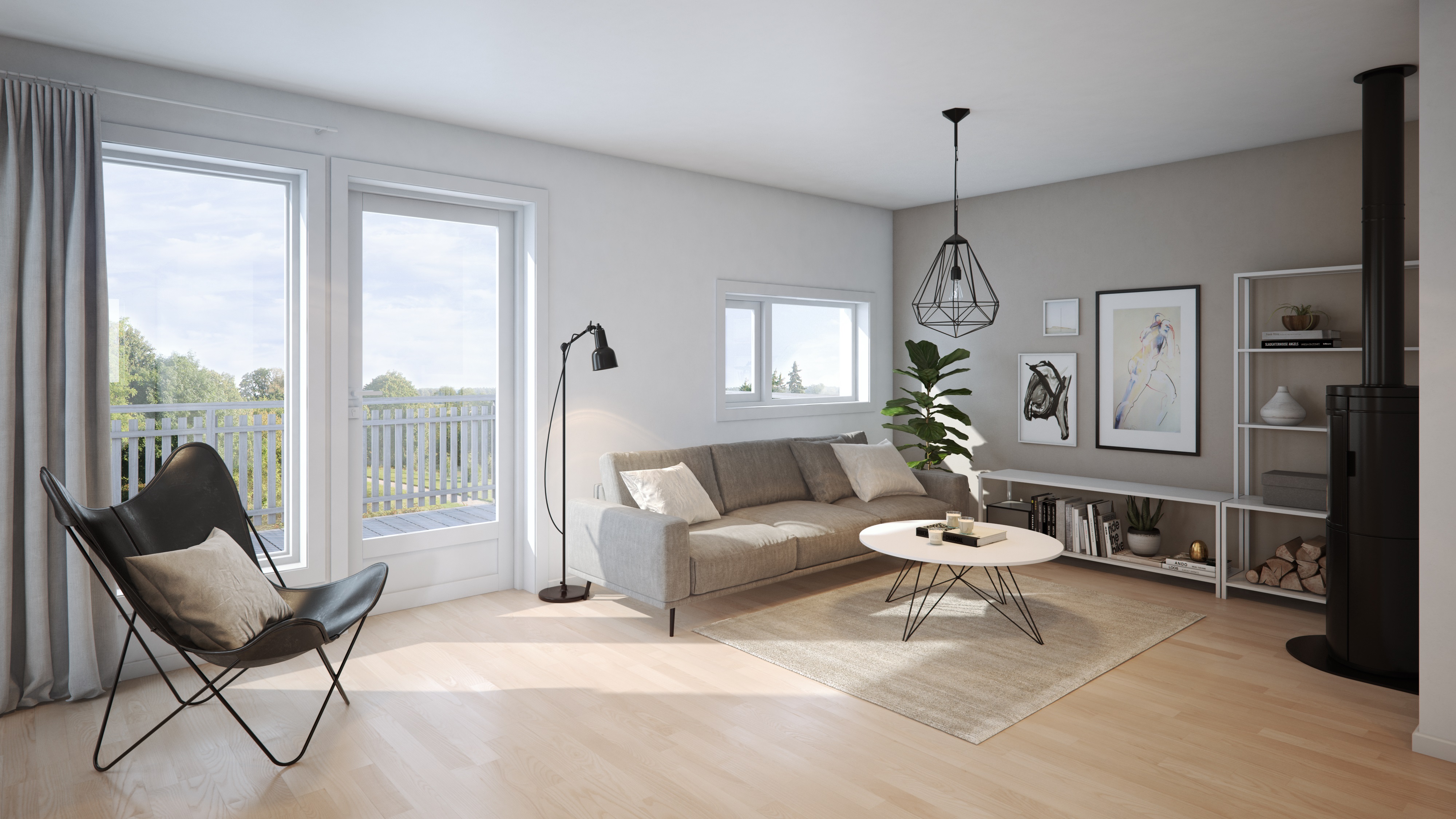 En 3d-gjengivelse av en stue for salg.