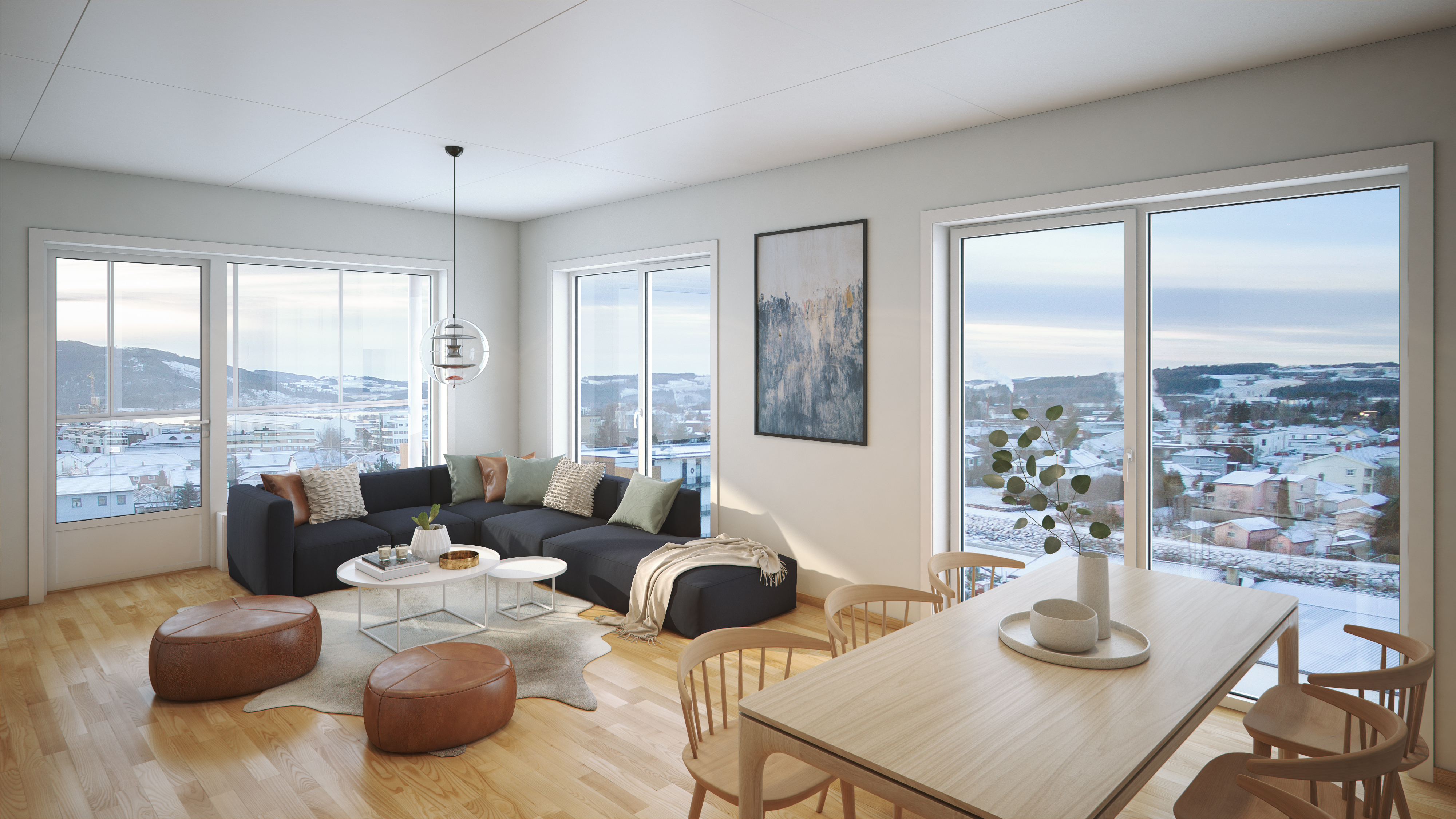 En 3D-gjengivelse av en stue med fjellutsikt laget for OBOS Eiendomsutviklings salgsvisualiseringer i 2018.