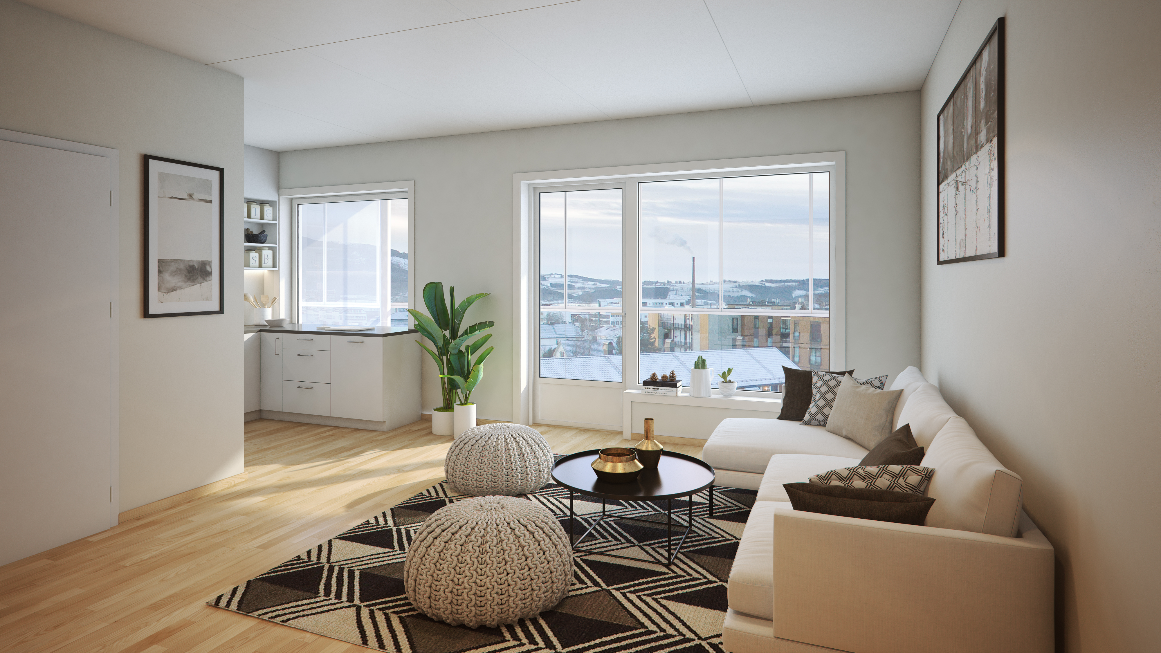 en 3d gjengivelse av en stue for visualisering av OBOS Eiendomsutviklings salg i 2018.