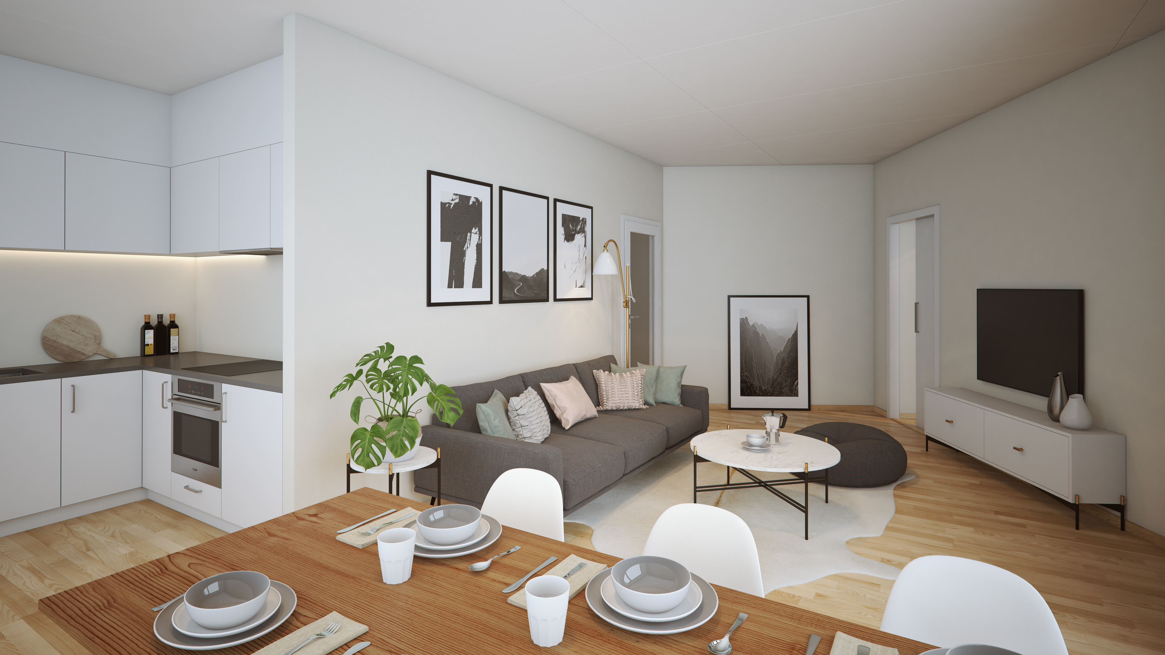 en 3d-gjengivelse av et kjøkken og spiseplass for salg i 2018.