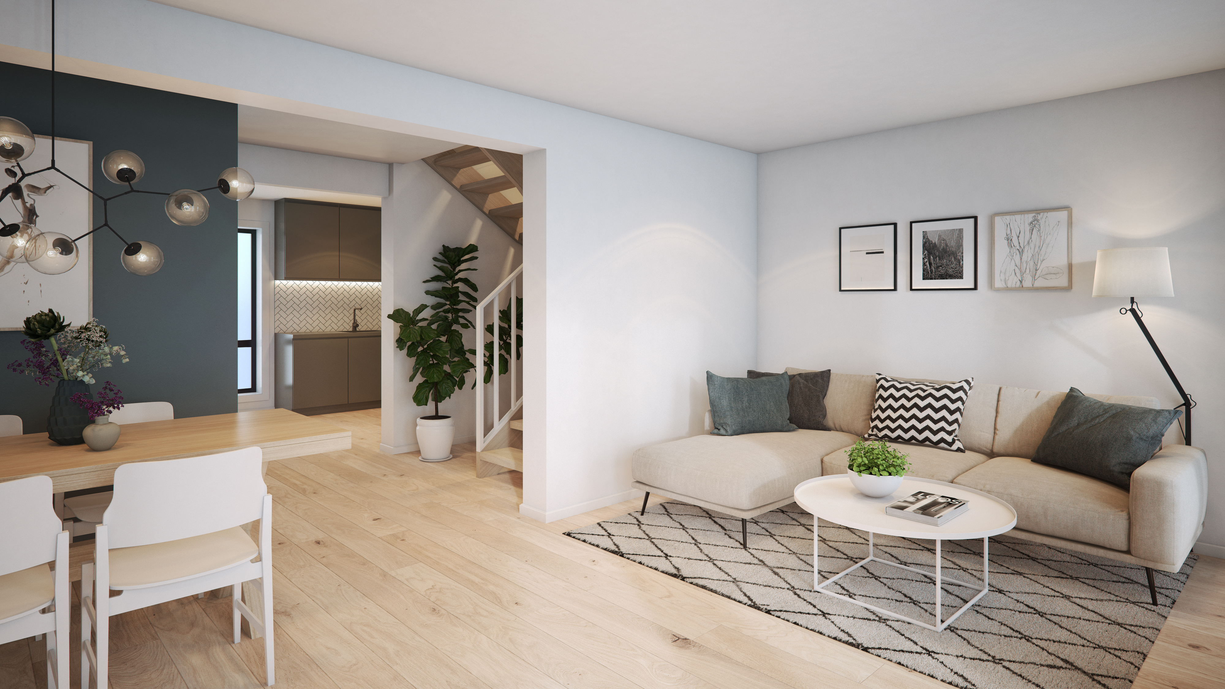 En 3D-gjengivelse av en stue og spisestue for visualiseringsformål for å lette salg.