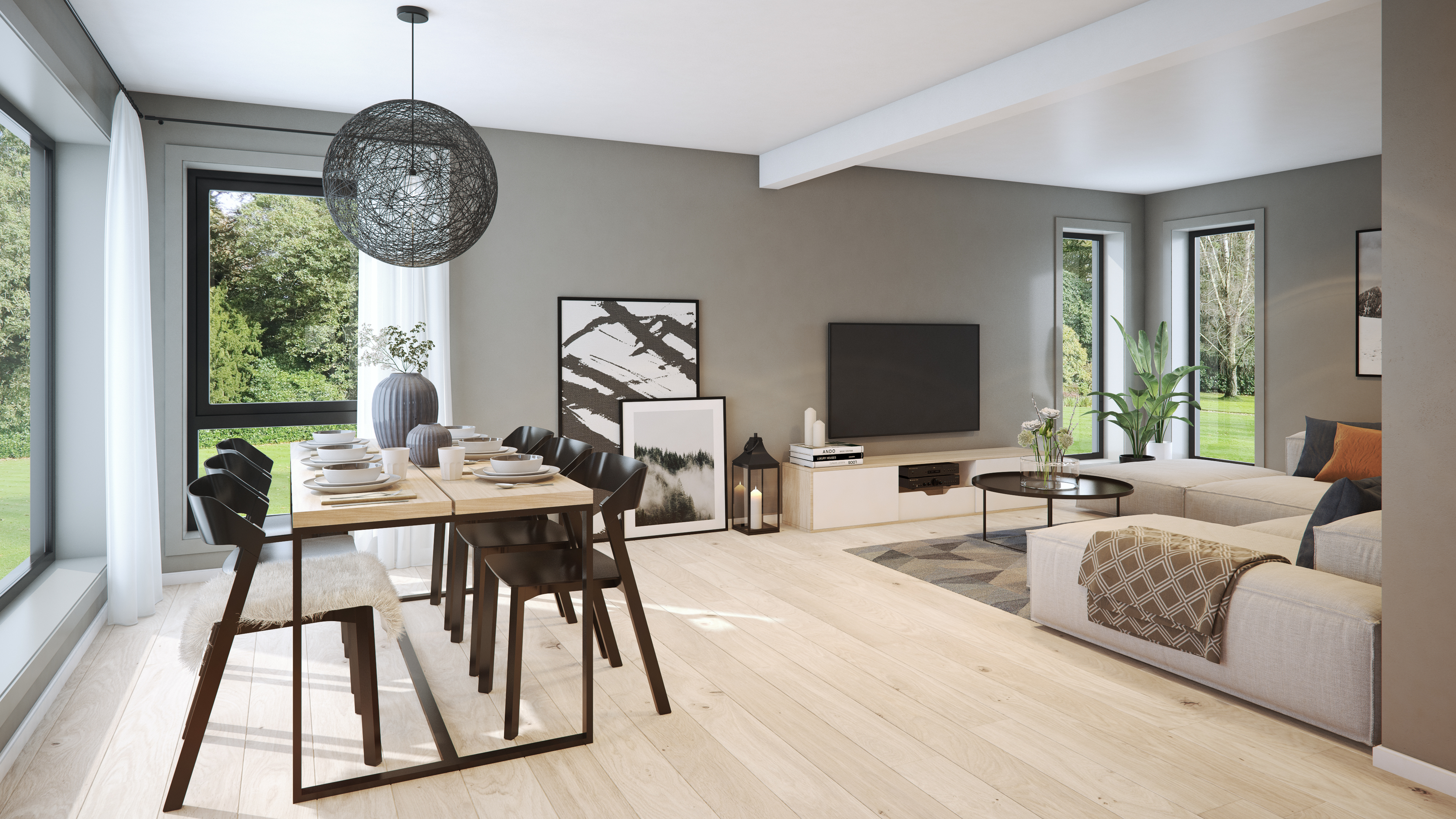 En 3D-gjengivelse av en moderne stue til salgs av IEC-Hus i 2018.