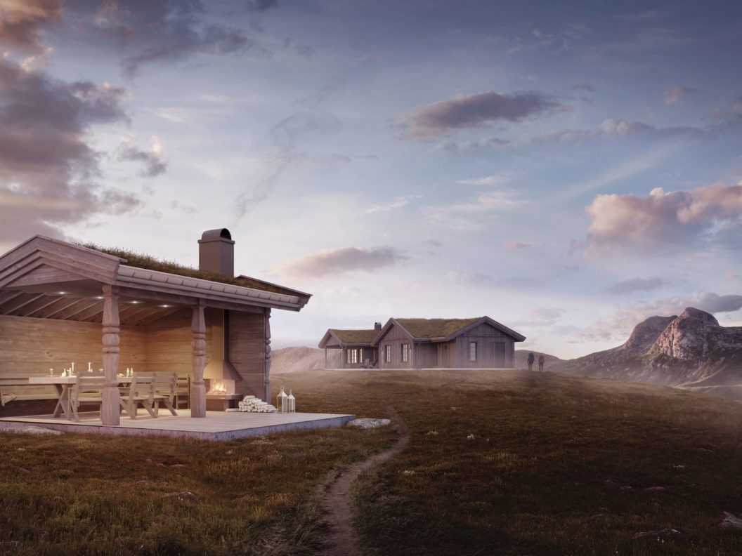 En visualisert liten hytte på fjellet til salgs i 2018.