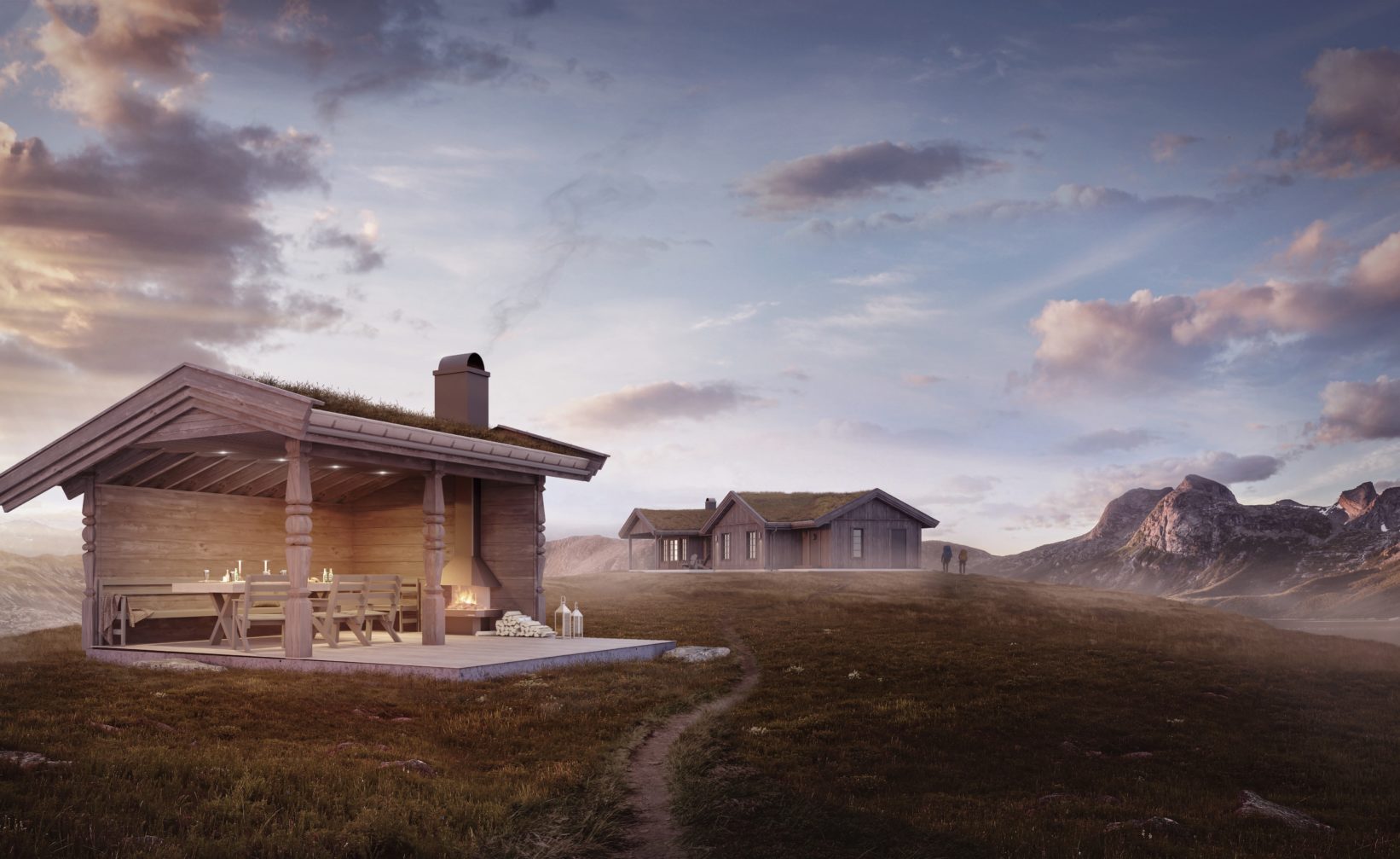 En visualisert liten hytte på fjellet til salgs i 2018.