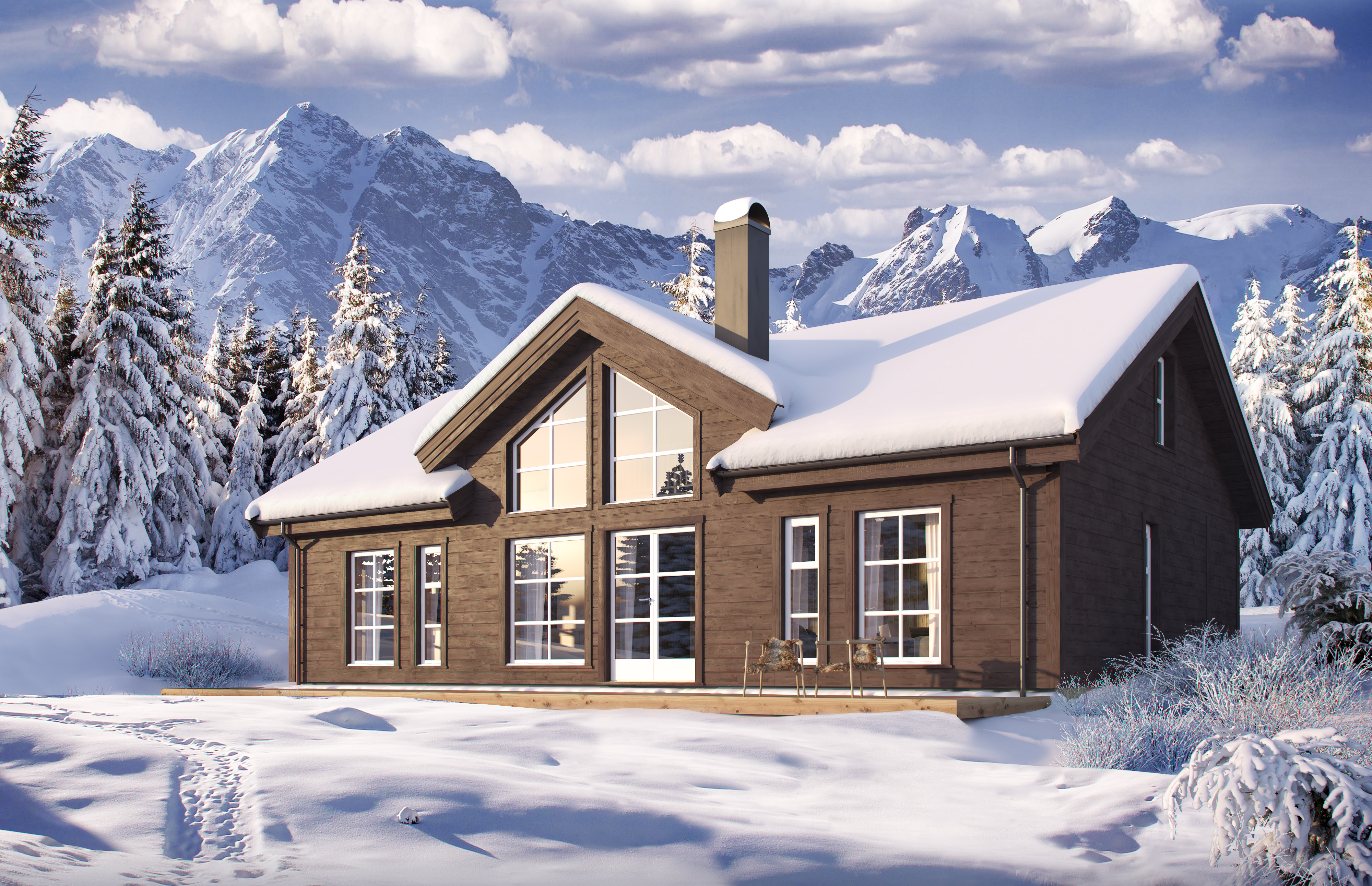 huset er dekket av snø for visualisering for salg.