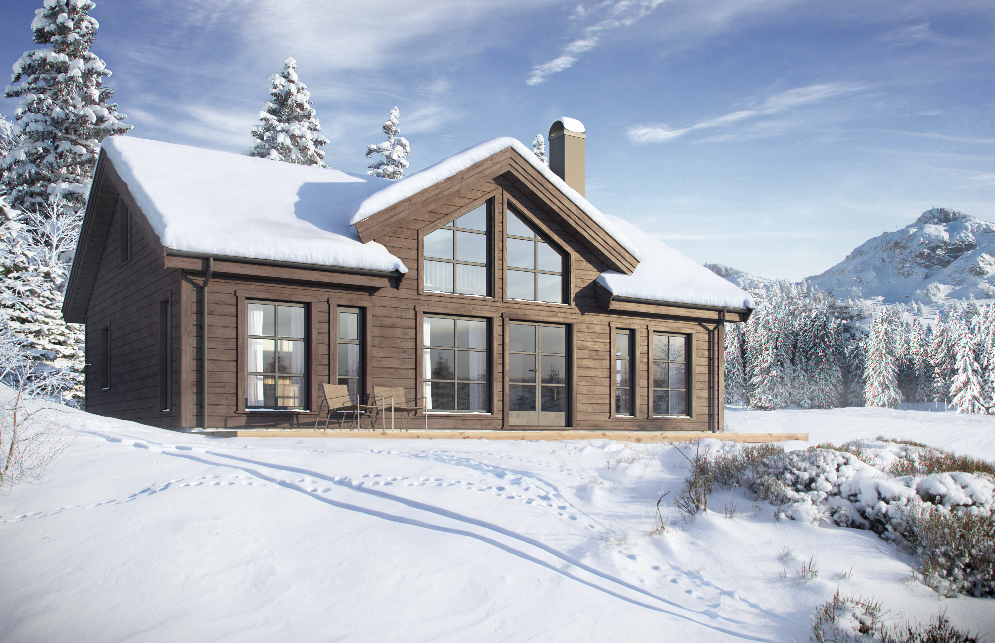 3D-gjengivelse av en tømmerhytte i snøen til salgs i 2018.