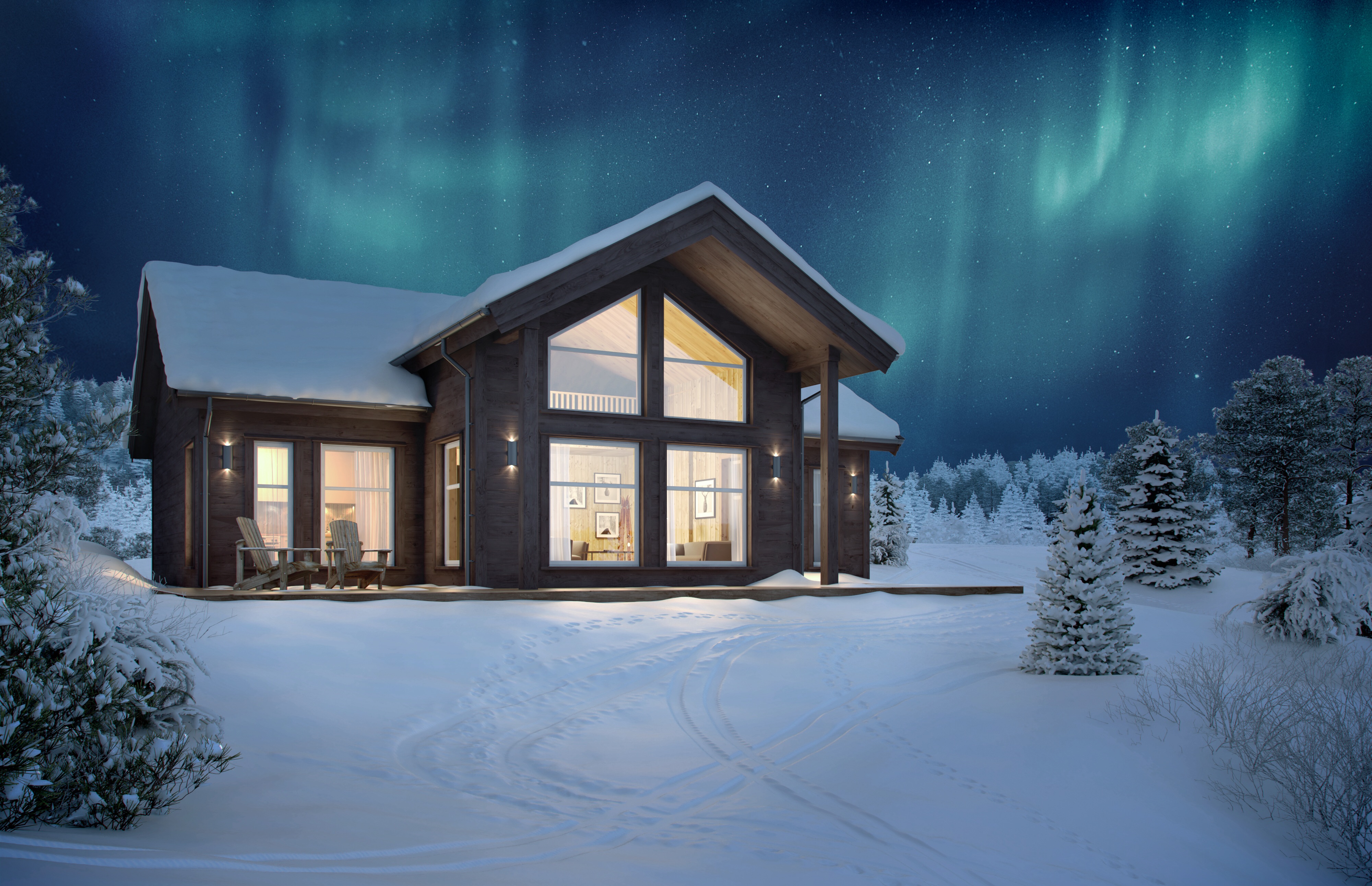 Visualisering av et Nordlyshytterhus under nordlys for salgsformål i 2018.