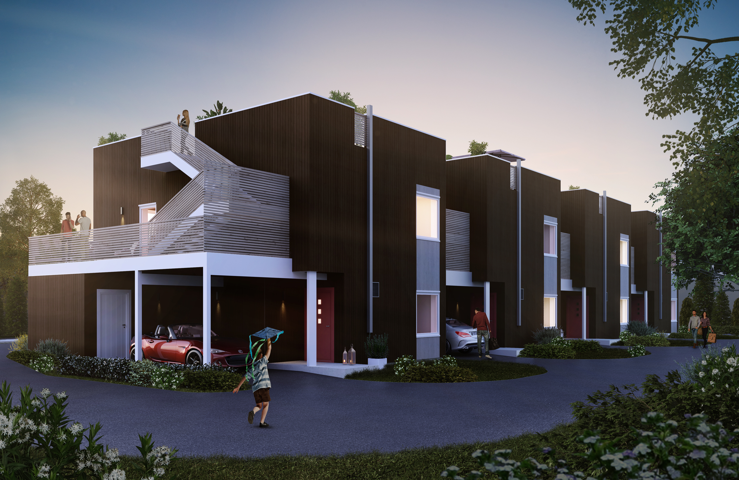 En visuell gjengivelse av en moderne bygård for salg.