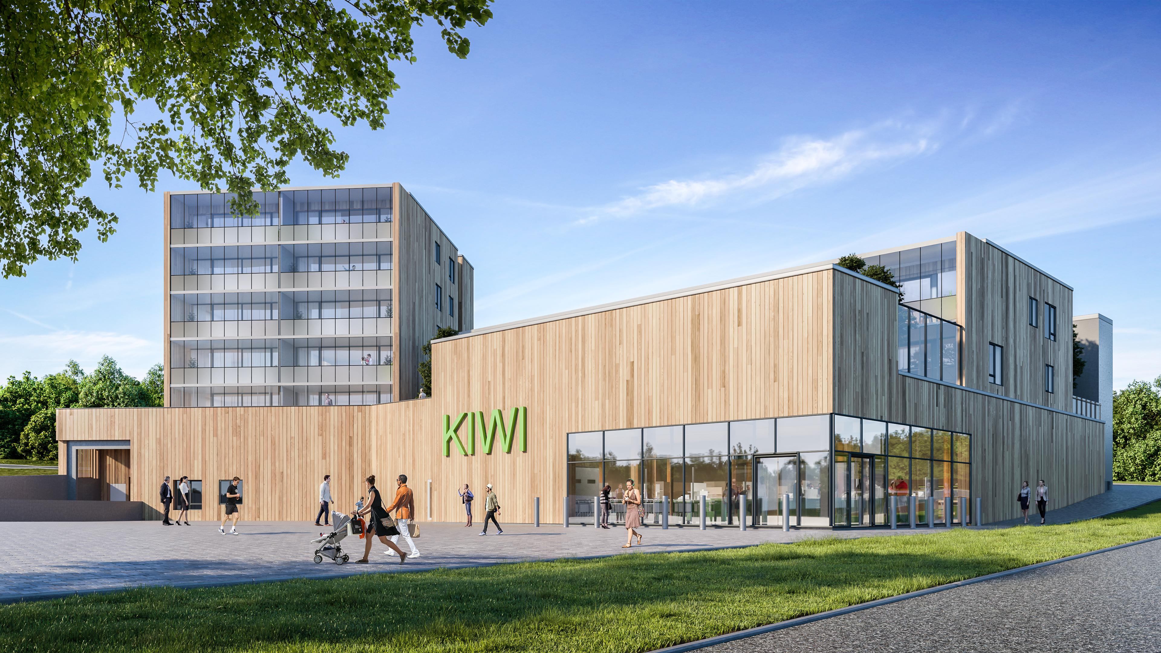 En visuell gjengivelse fra 2018 av et bygg med trefasade laget for Høyen Eiendom som salgsvisualisering.