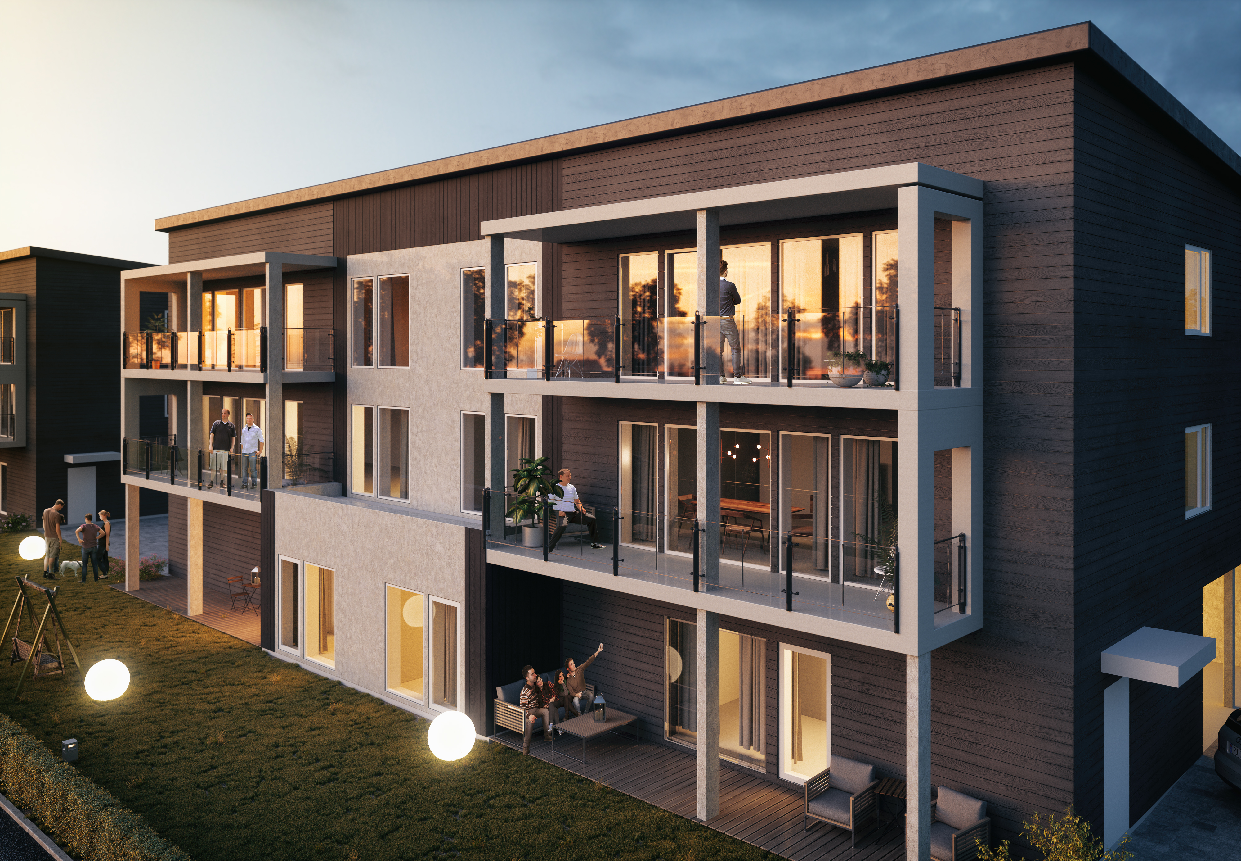 En 3d-gjengivelse av en bygård til salgs.