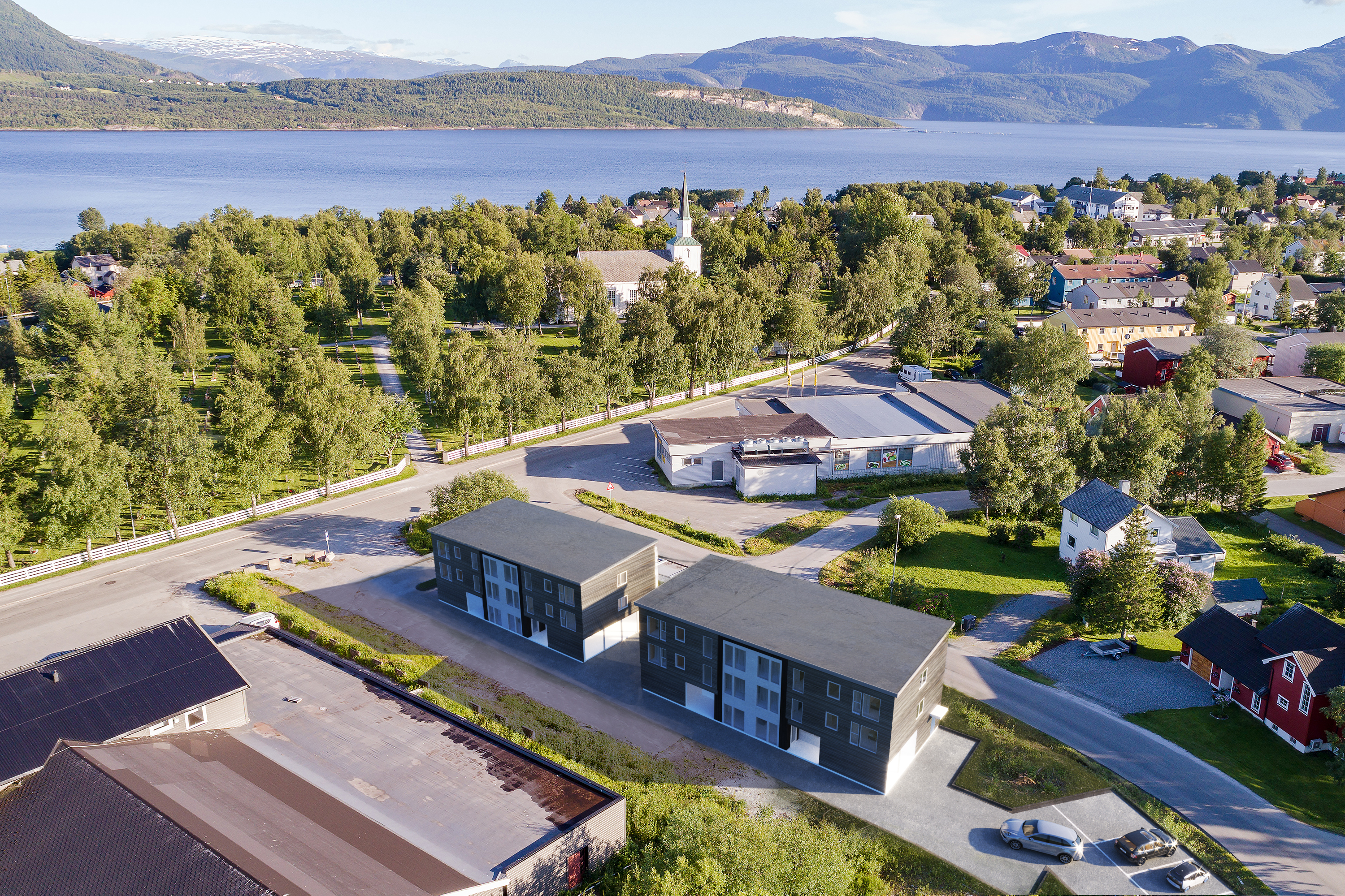 Flybilde av en by i Norge til salgs.
