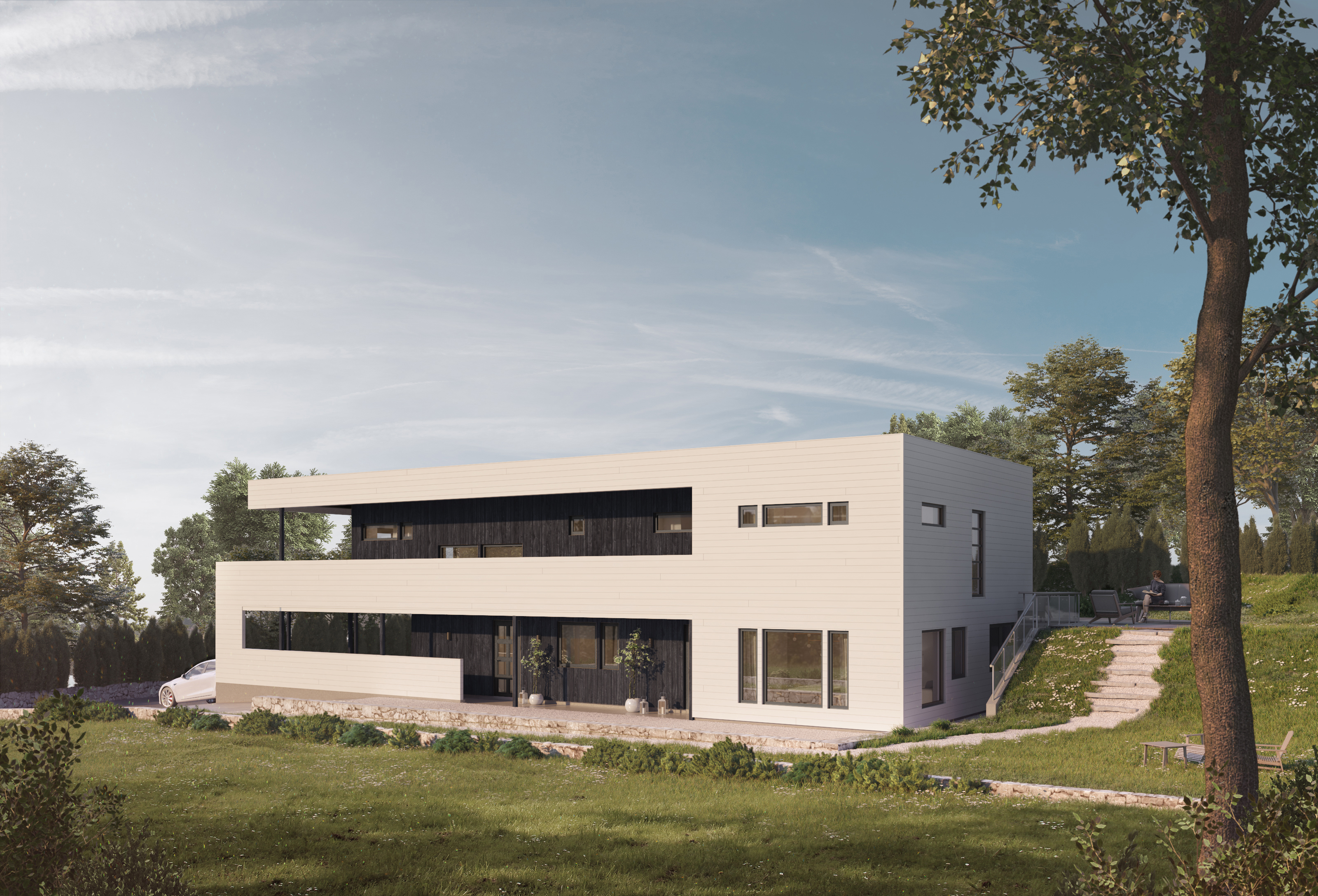 en gjengivelse av et moderne hus i en åsside.