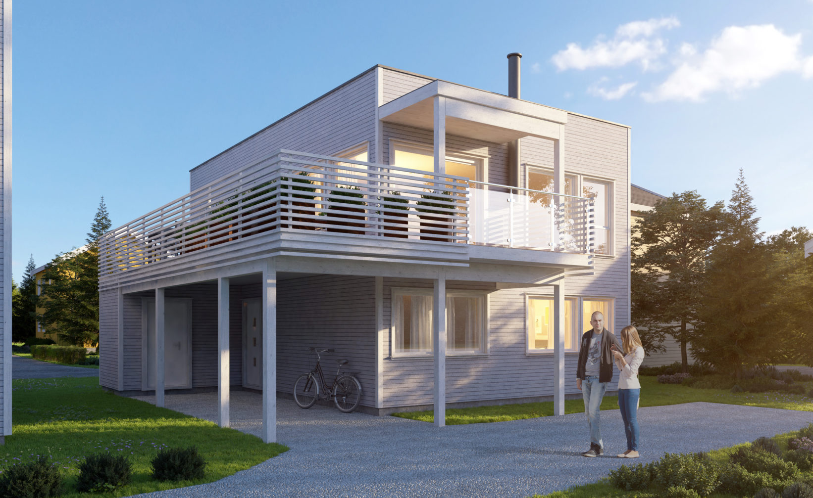 en gjengivelse av et moderne hus med balkong.