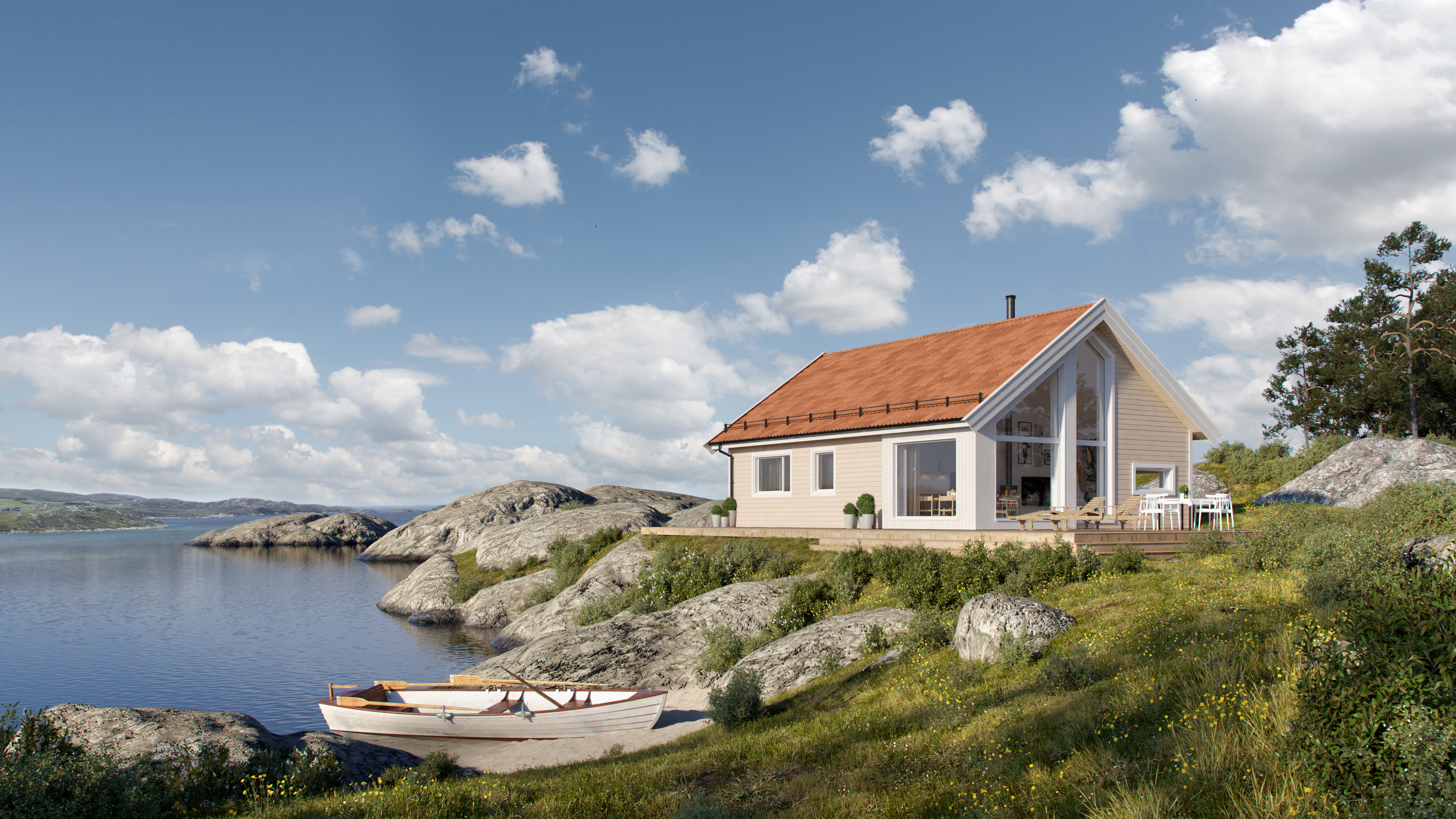 en liten hytte ved bredden av en innsjø.