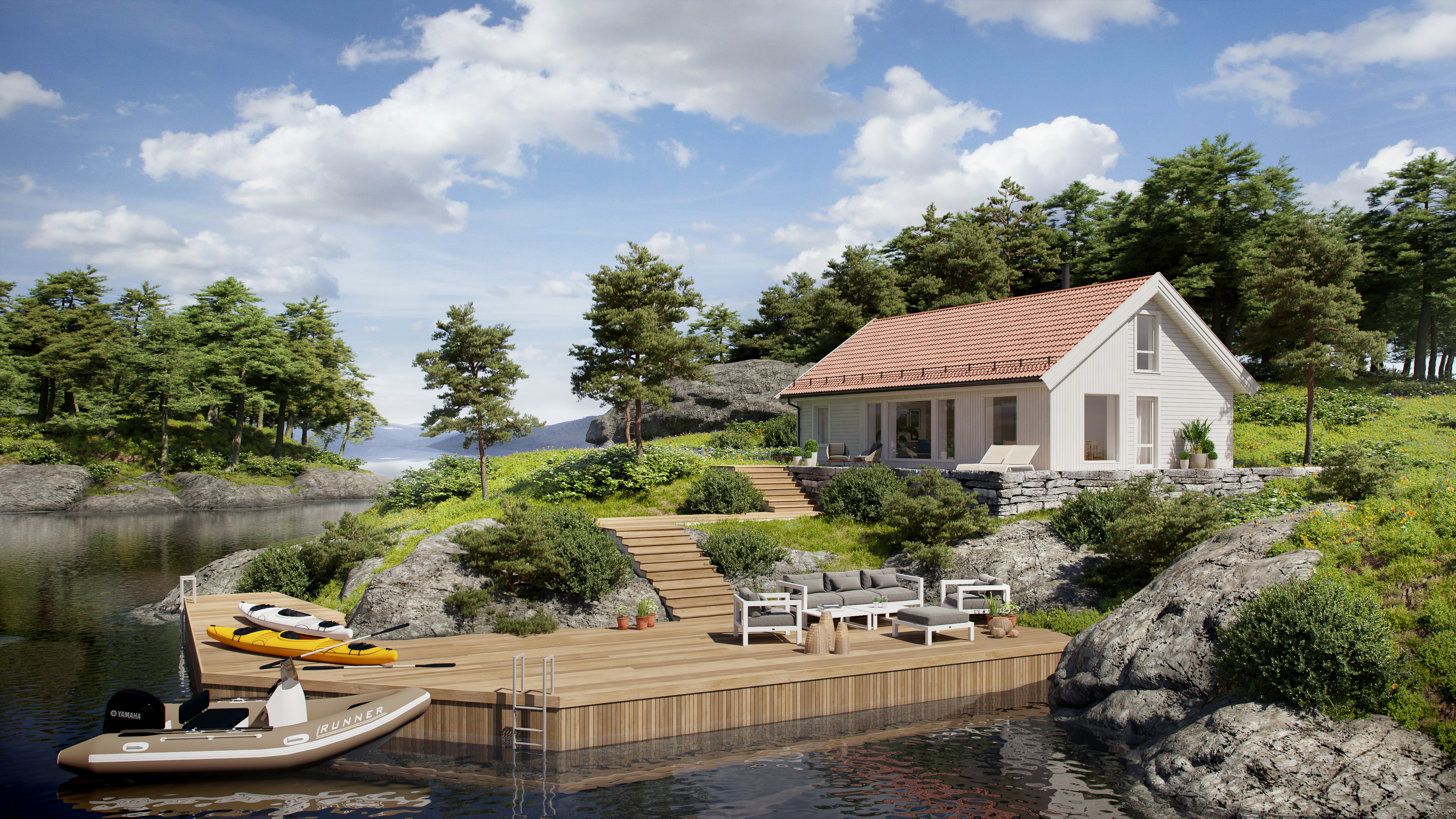 3D-gjengivelse av en hytte på en innsjø med en dock.