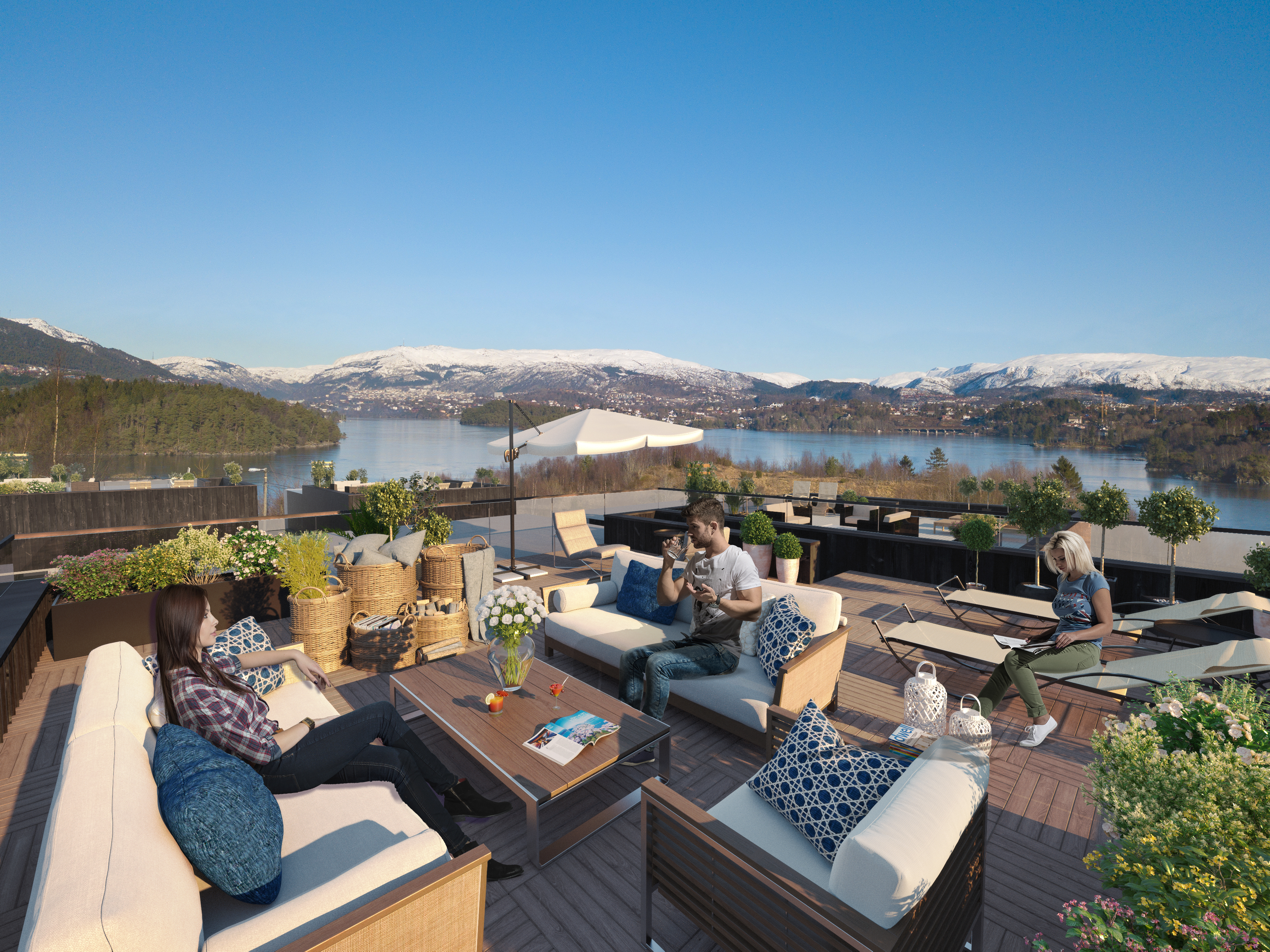 en kunstners gjengivelse av en terrasse med utsikt over en innsjø.