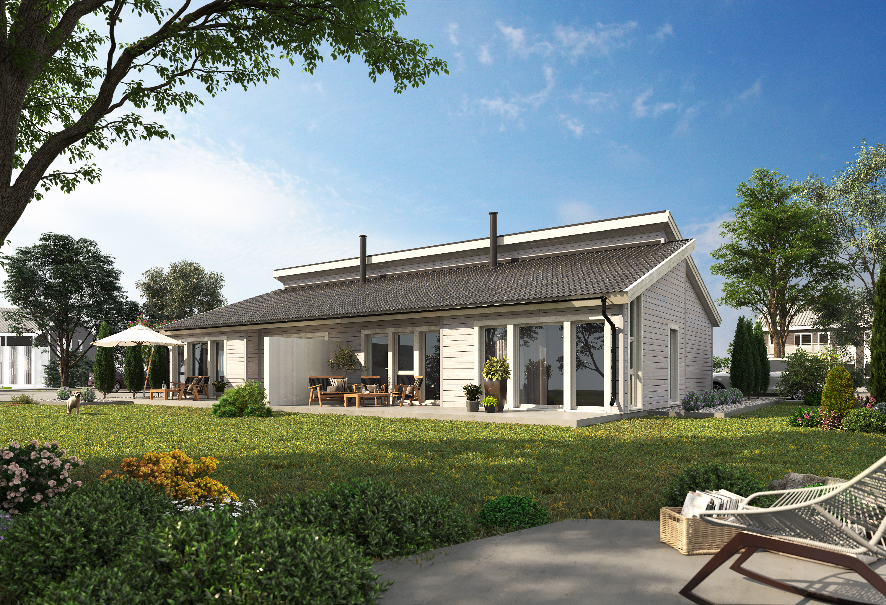 en 3d-gjengivelse av et hus med uteplass og plen.