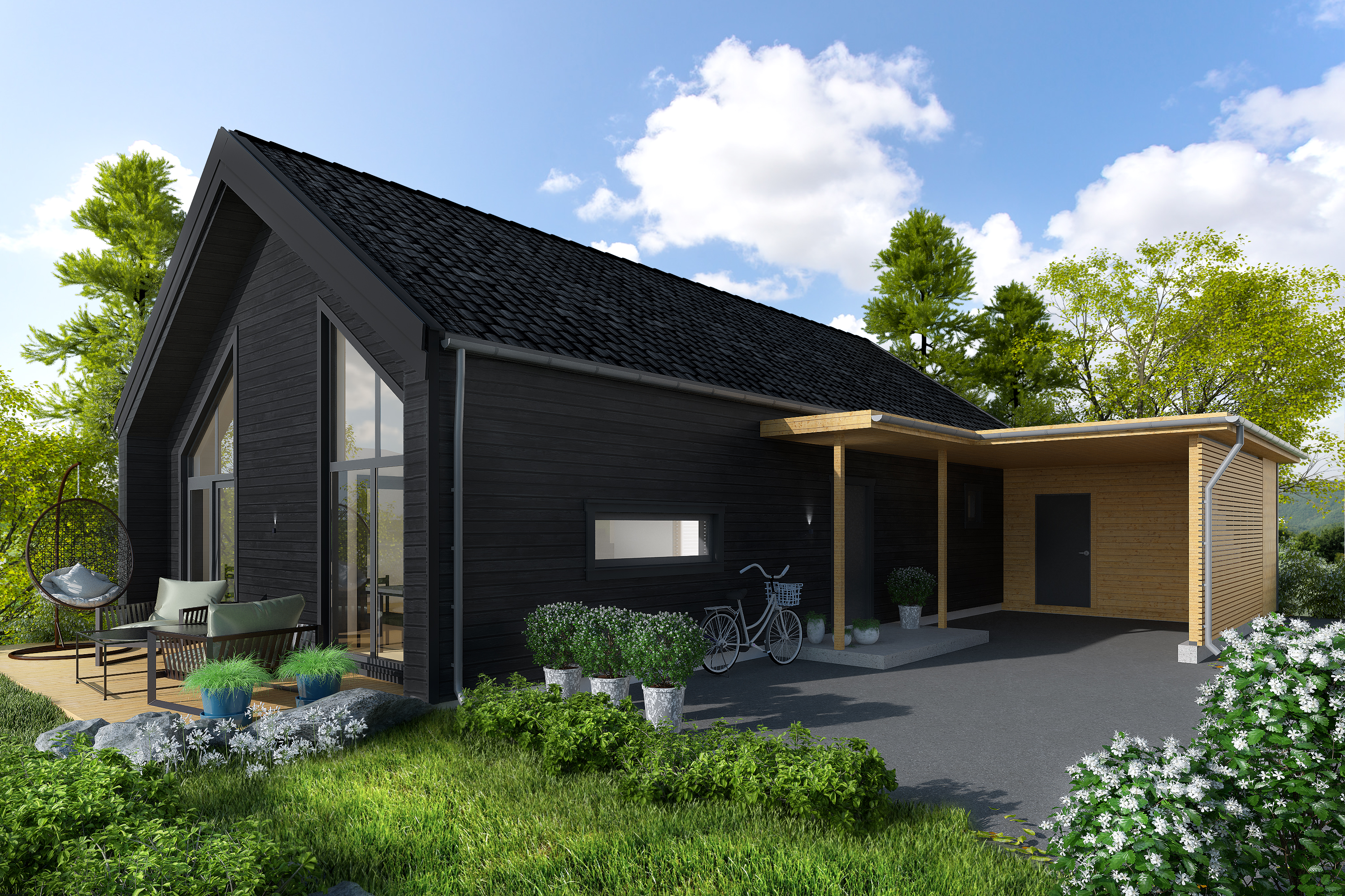 en 3d-gjengivelse av en svart hytte i skogen.