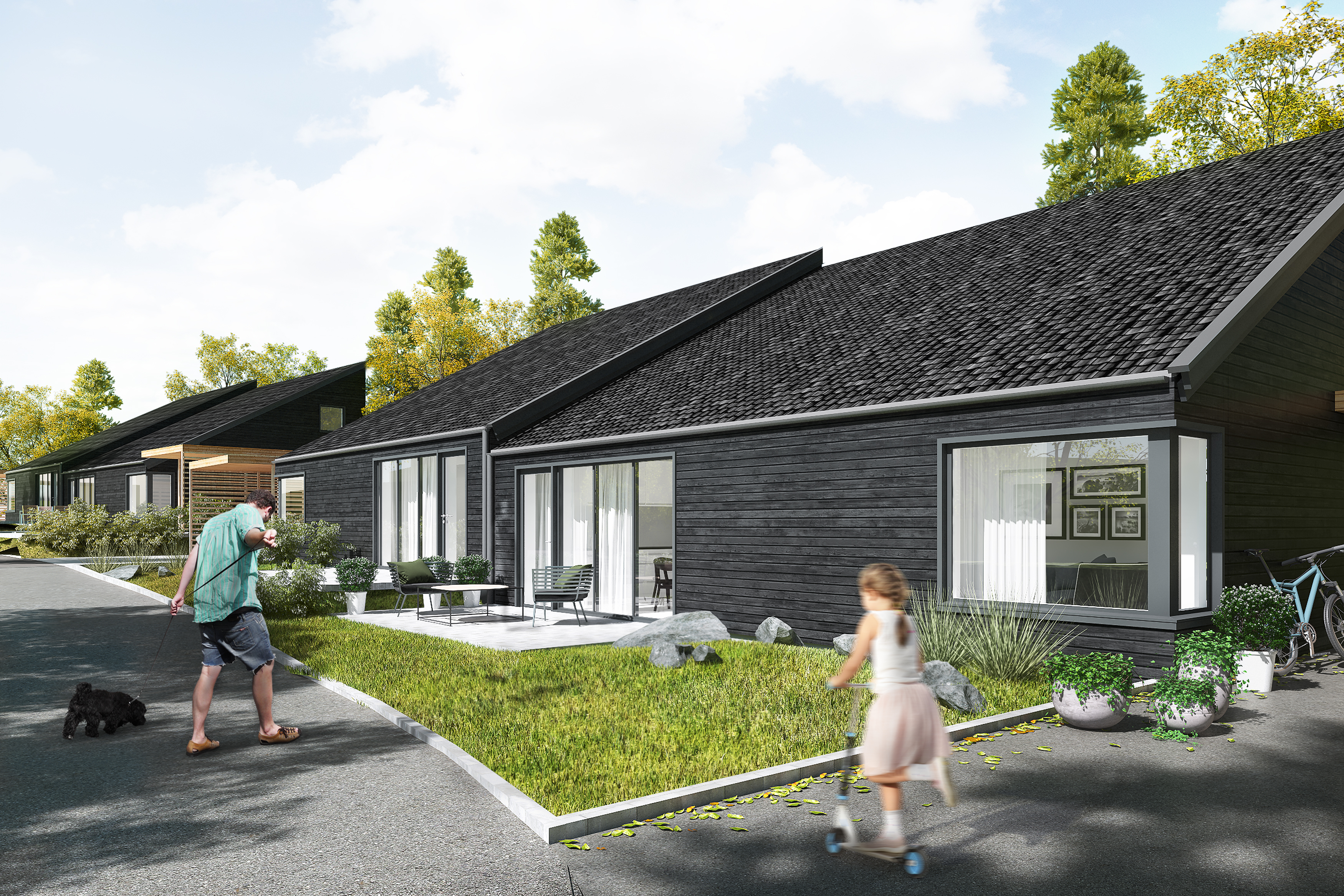 en gjengivelse av et svart hus med folk som går rundt det.
