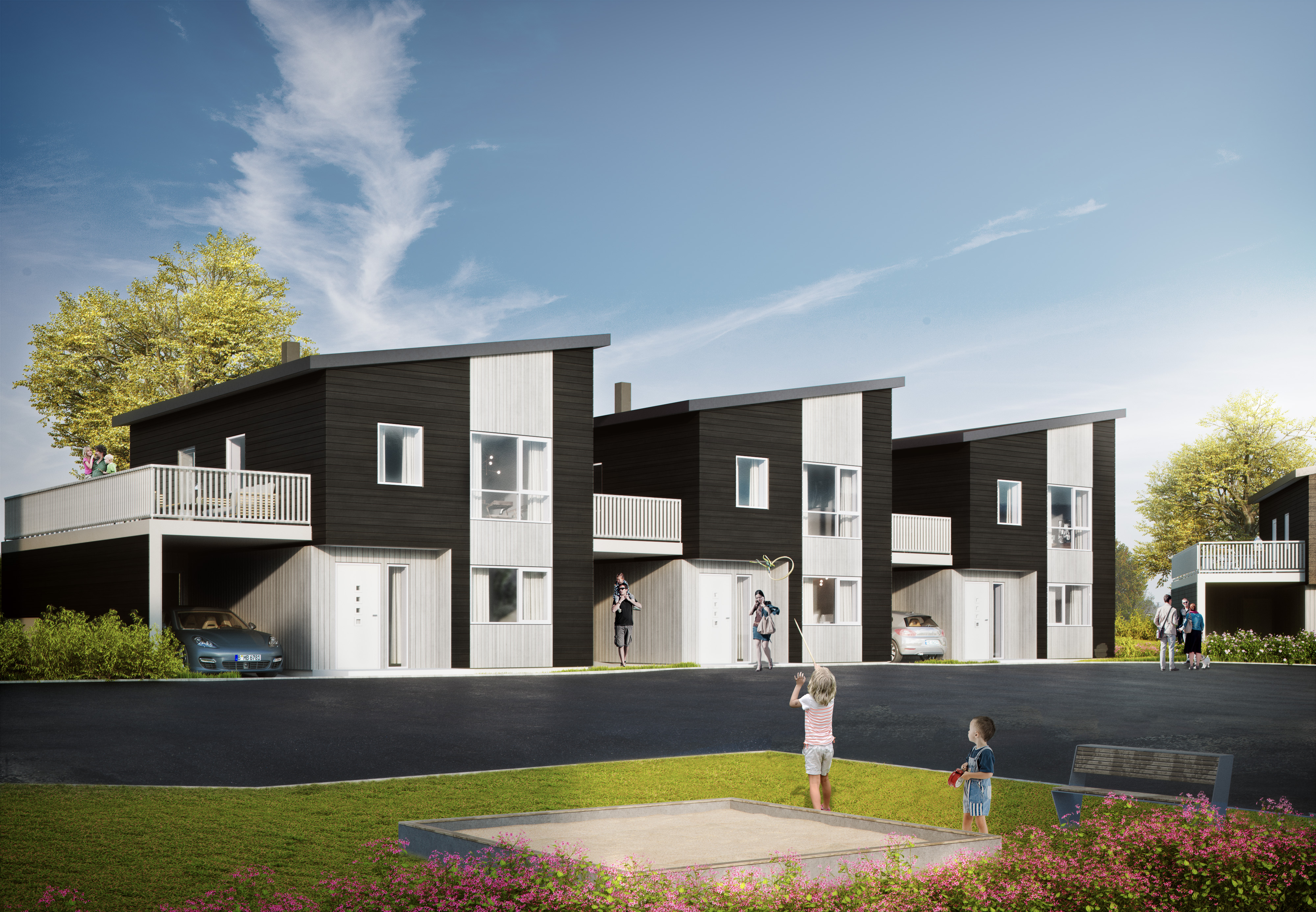 en gjengivelse av et svart-hvitt leilighetskompleks.