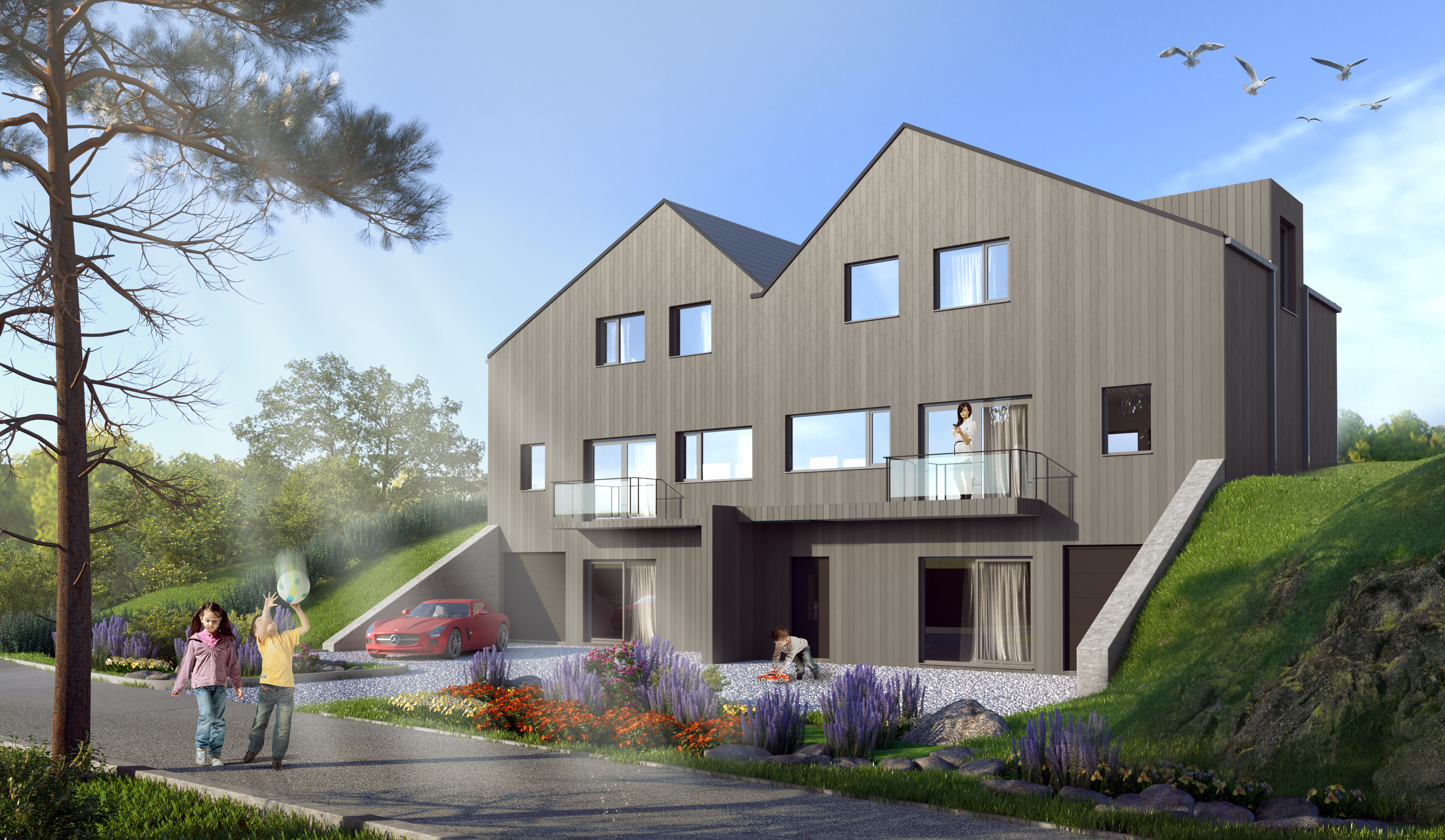 en gjengivelse av et hus på en høyde.