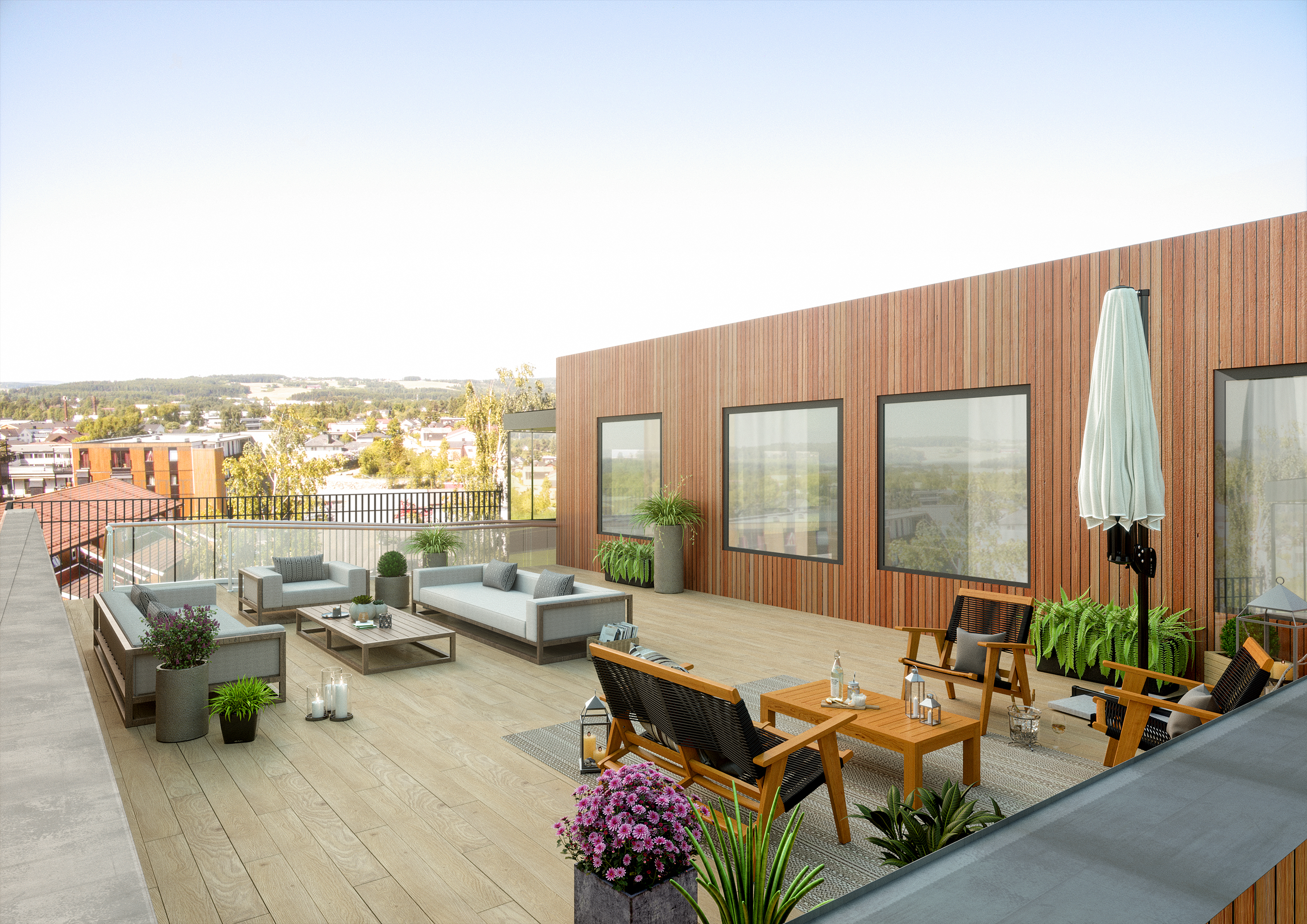 3D-gjengivelse av et takterrasse med møbler og utsikt over byen.