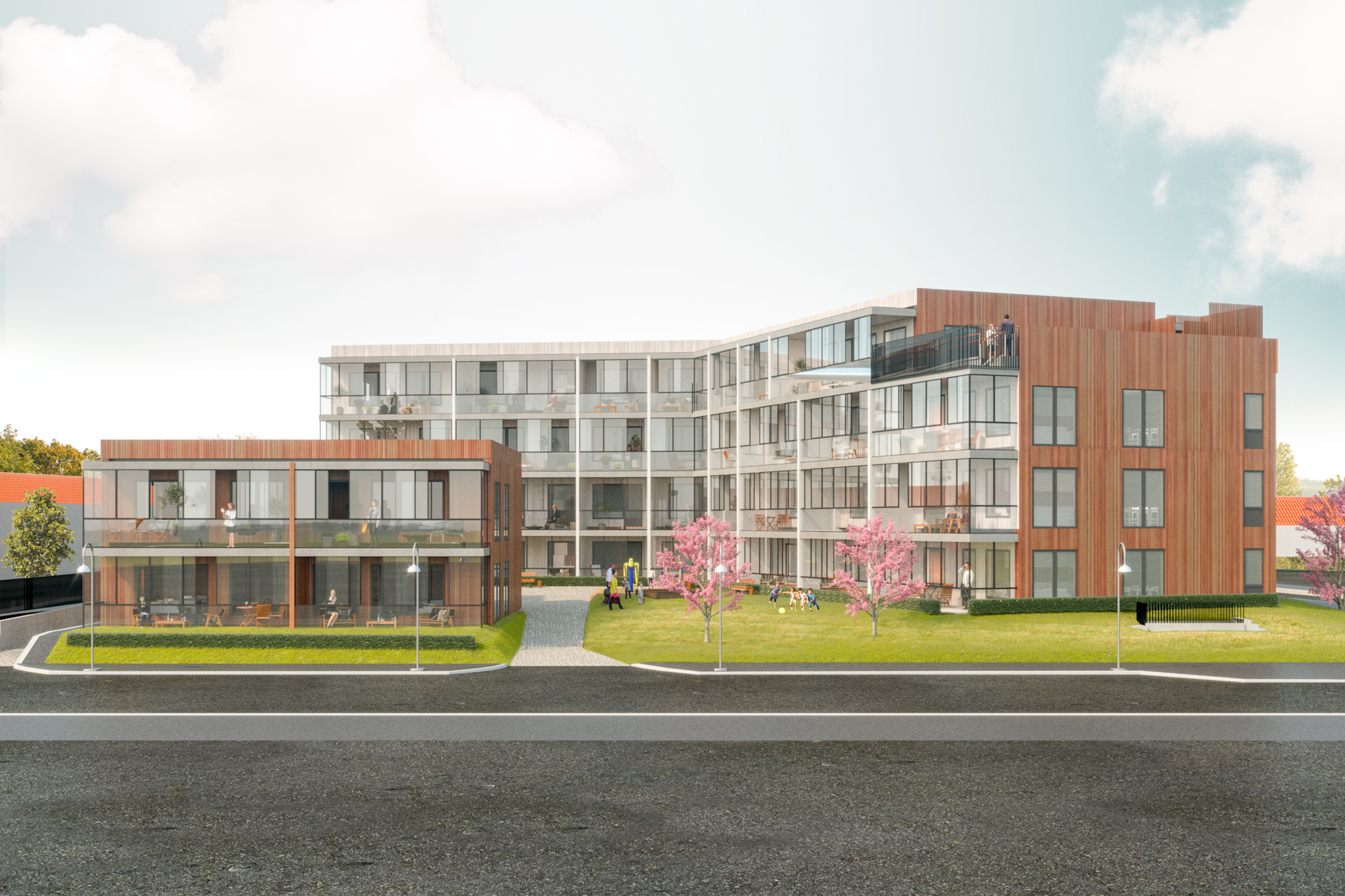 en kunstners gjengivelse av en bygård.