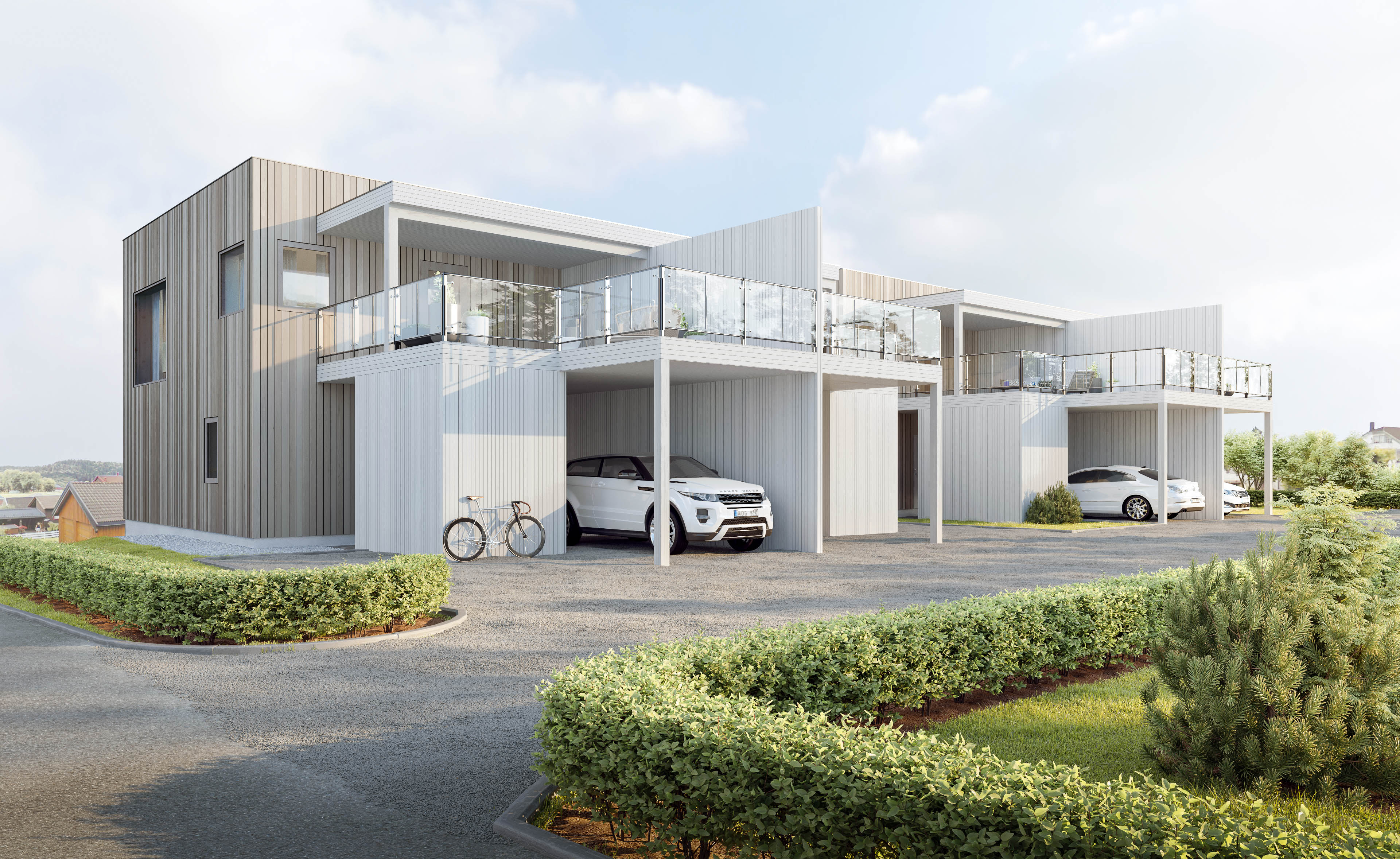 en 3d-gjengivelse av et moderne hus med en bil parkert foran.
