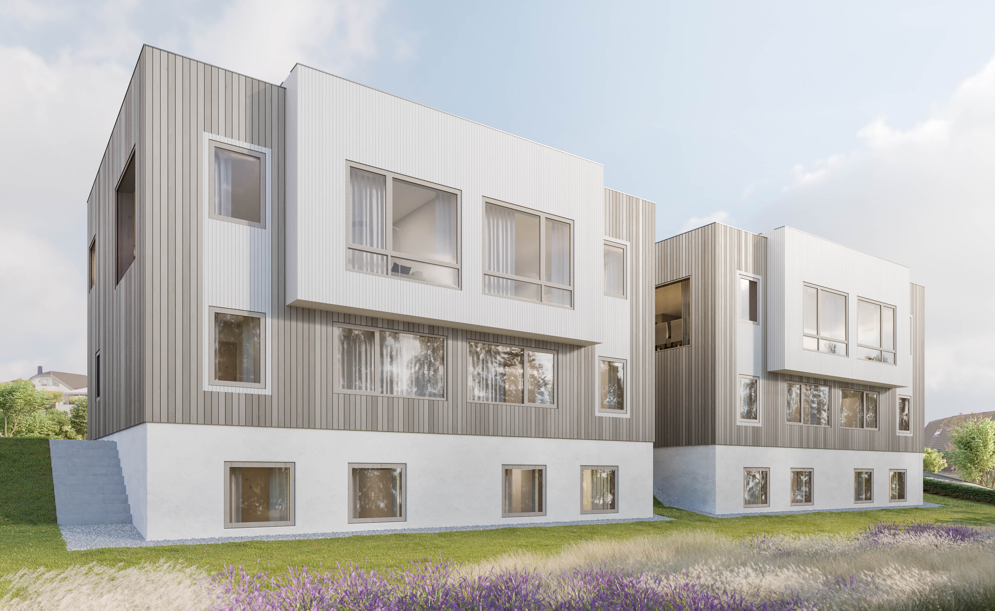 en 3d-gjengivelse av en moderne bygård.